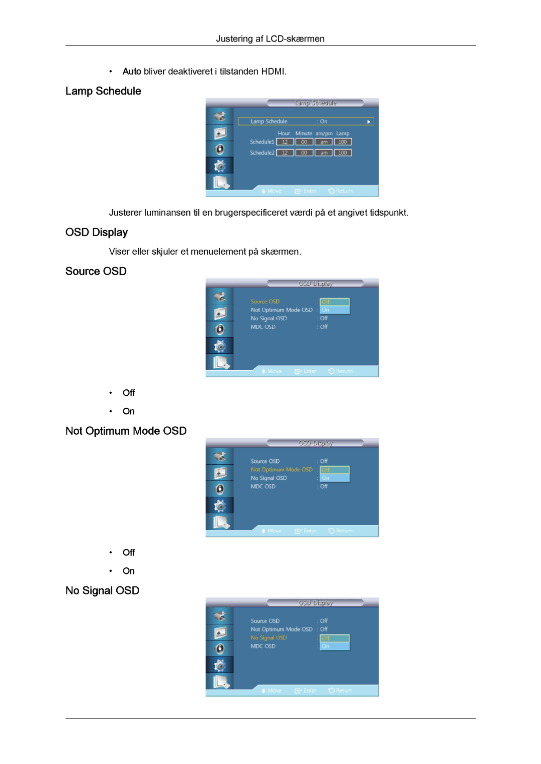 Samsung LH40GWSLBC/EN, LH40GWTLBC/EN manual Lamp Schedule, OSD Display, Source OSD, Not Optimum Mode OSD, No Signal OSD 