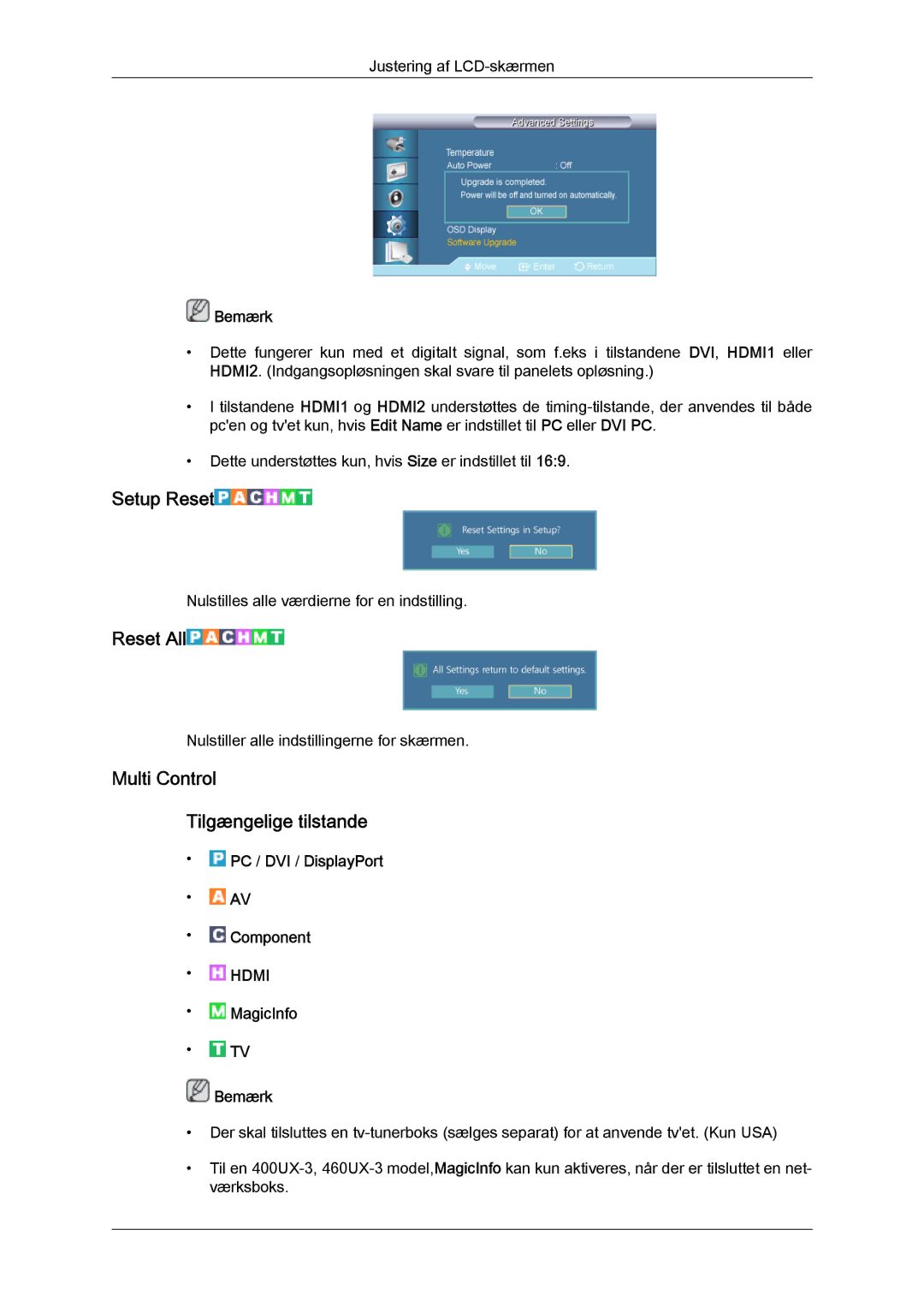 Samsung LH40GWPLBC/EN, LH40GWTLBC/EN, LH40GWSLBC/EN manual Setup Reset, Reset All, Multi Control Tilgængelige tilstande 