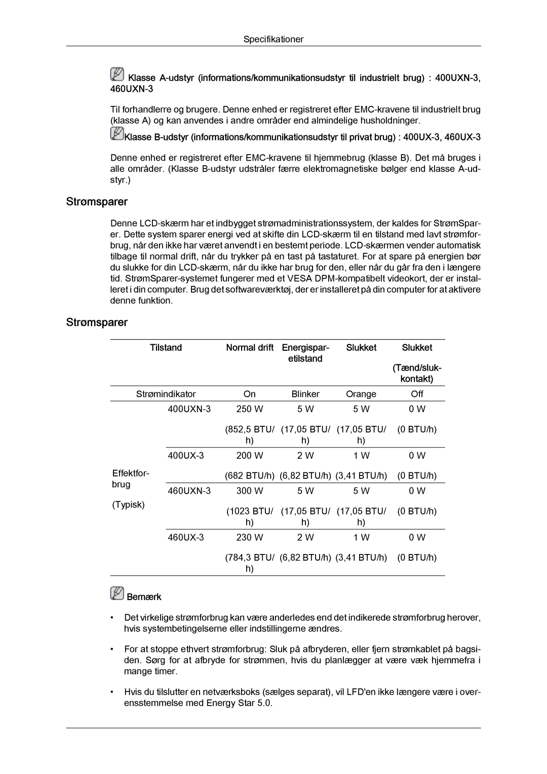 Samsung LH46GWSLBC/EN, LH40GWTLBC/EN, LH40GWSLBC/EN, LH46GWPLBC/EN, LH40GWPLBC/EN, LH46GWTLBC/EN manual Strømsparer 