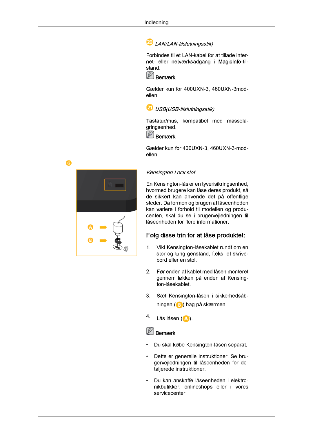 Samsung LH46GWSLBC/EN, LH40GWTLBC/EN, LH40GWSLBC/EN manual Følg disse trin for at låse produktet, LANLAN-tilslutningsstik 