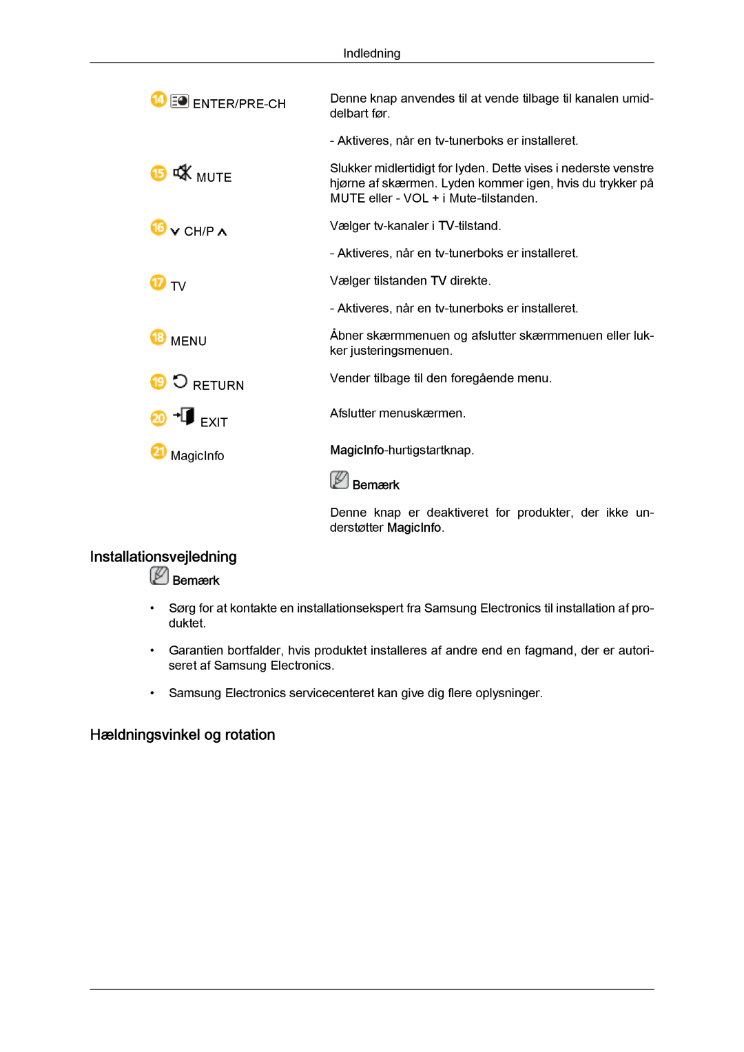 Samsung LH46GWPLBC/EN, LH40GWTLBC/EN, LH40GWSLBC/EN, LH40GWPLBC/EN manual Installationsvejledning, Hældningsvinkel og rotation 