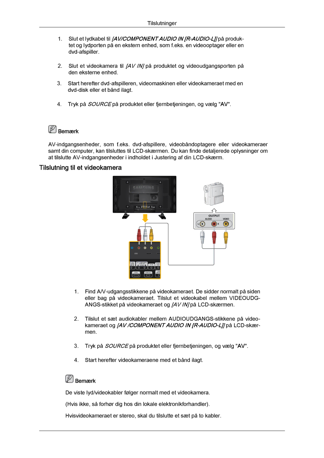 Samsung LH40GWSLBC/EN, LH40GWTLBC/EN, LH46GWPLBC/EN, LH40GWPLBC/EN, LH46GWTLBC/EN manual Tilslutning til et videokamera 