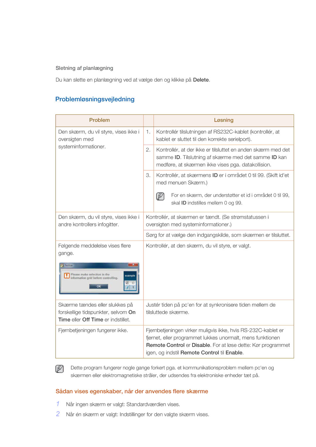 Samsung LH46GWPLBC/EN, LH40GWTLBC/EN manual Problemløsningsvejledning, Sådan vises egenskaber, når der anvendes flere skærme 