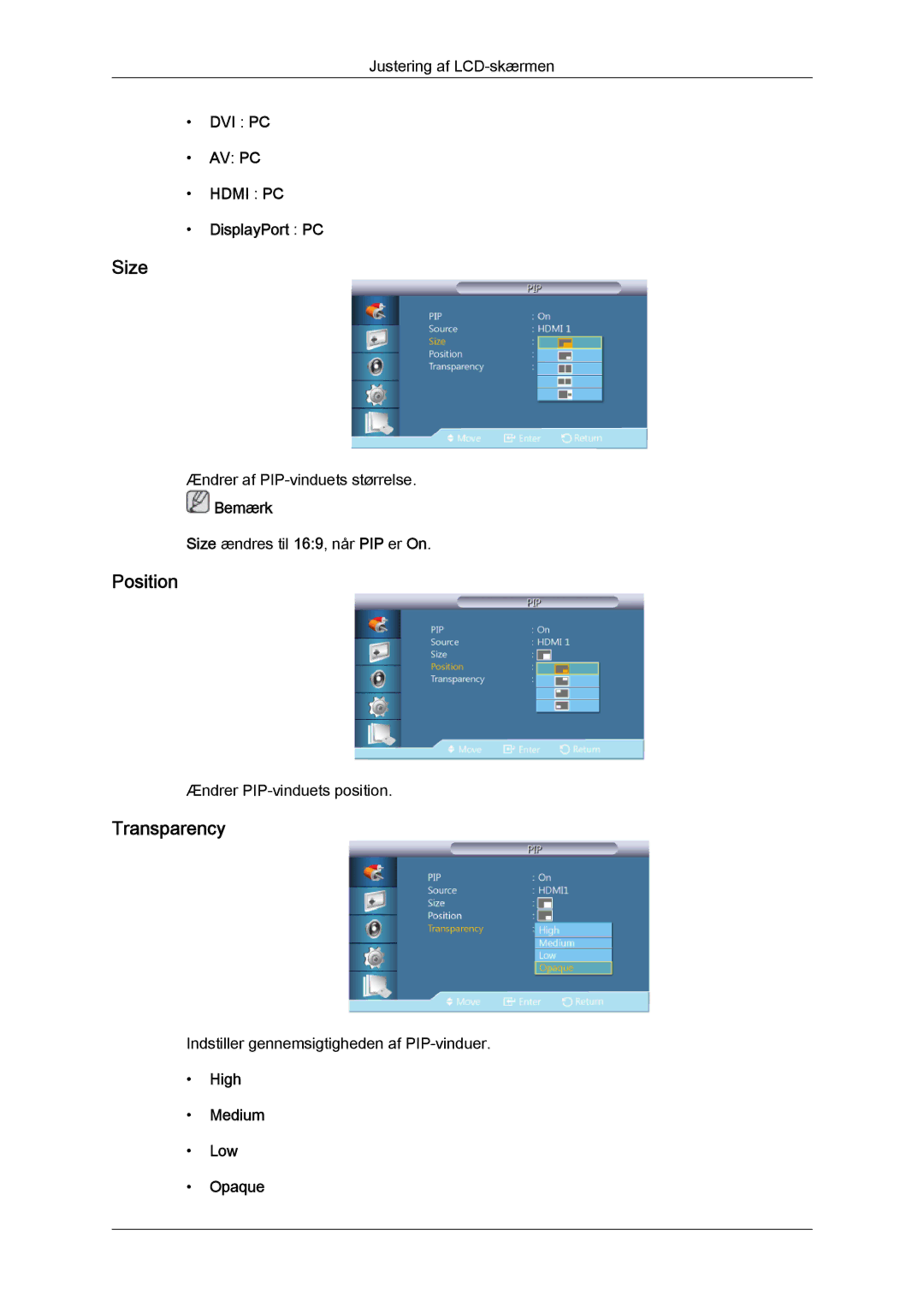 Samsung LH40GWTLBC/EN, LH40GWSLBC/EN, LH46GWPLBC/EN, LH40GWPLBC/EN, LH46GWTLBC/EN, LH46GWSLBC/EN Size, Position, Transparency 