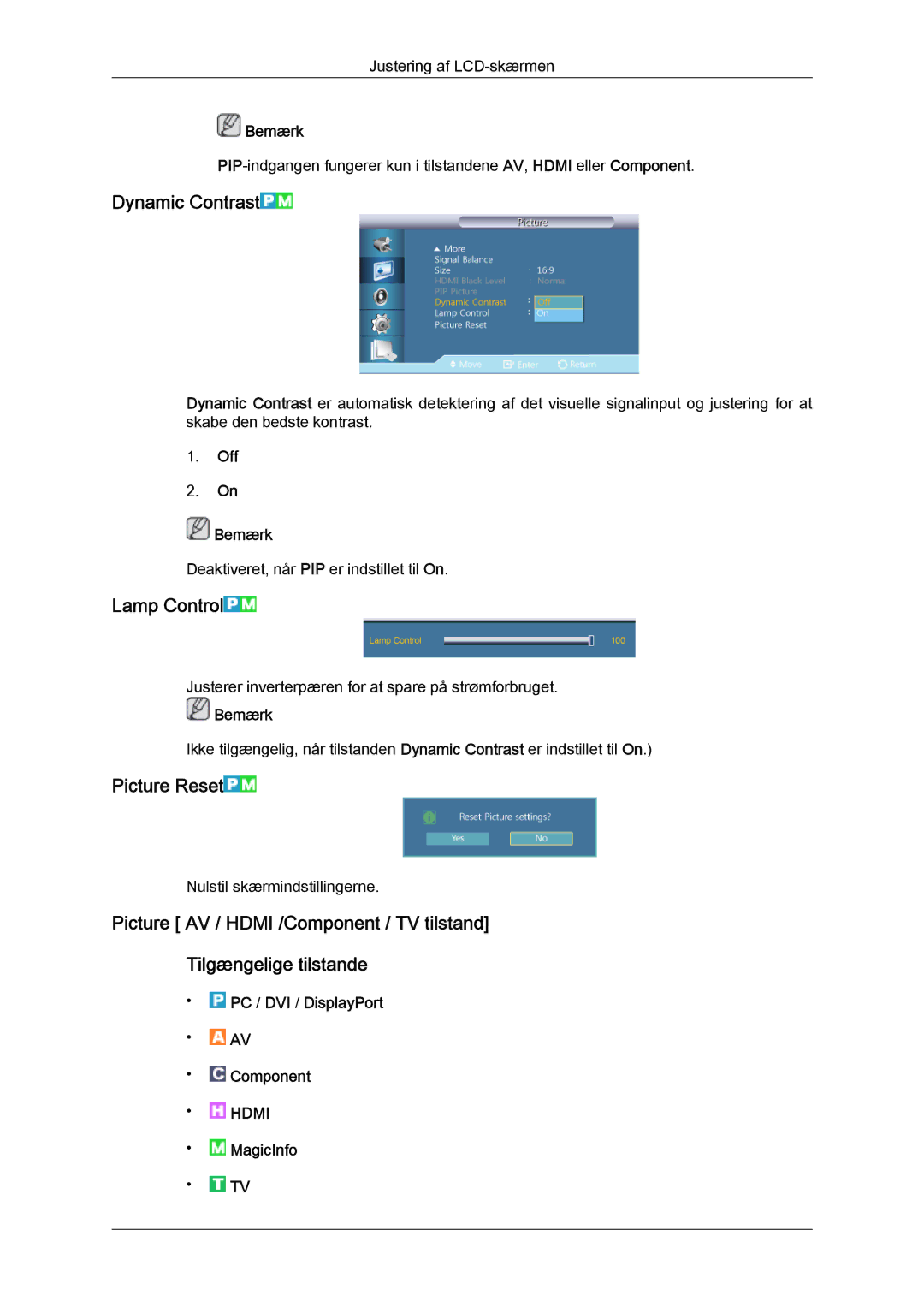 Samsung LH40GWPLBC/EN, LH40GWTLBC/EN, LH40GWSLBC/EN Dynamic Contrast, Lamp Control, Picture Reset, Off Bemærk, MagicInfo 