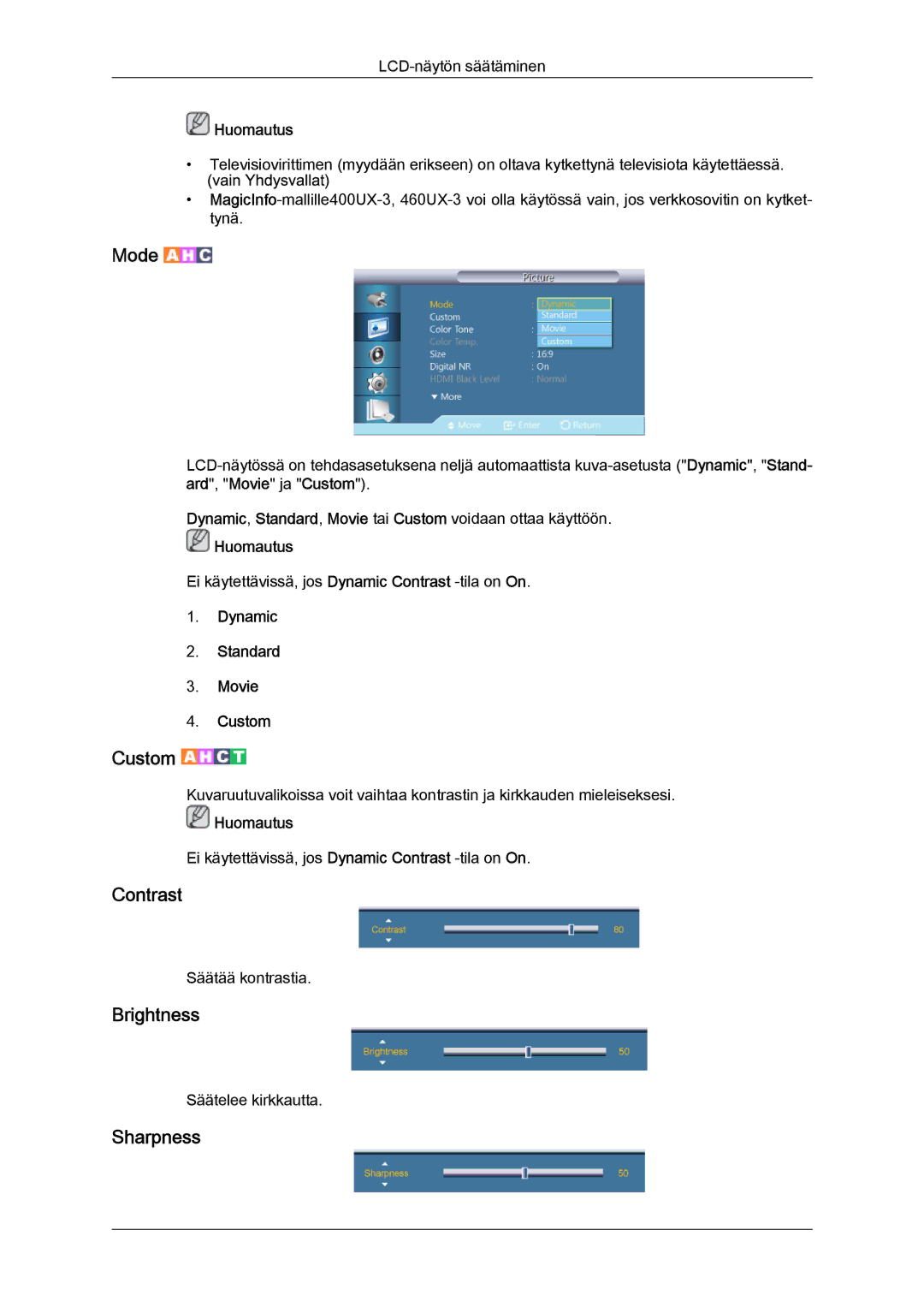 Samsung LH46GWTLBC/EN, LH40GWTLBC/EN, LH40GWSLBC/EN manual Contrast, Brightness, Sharpness, Dynamic Standard Movie Custom 