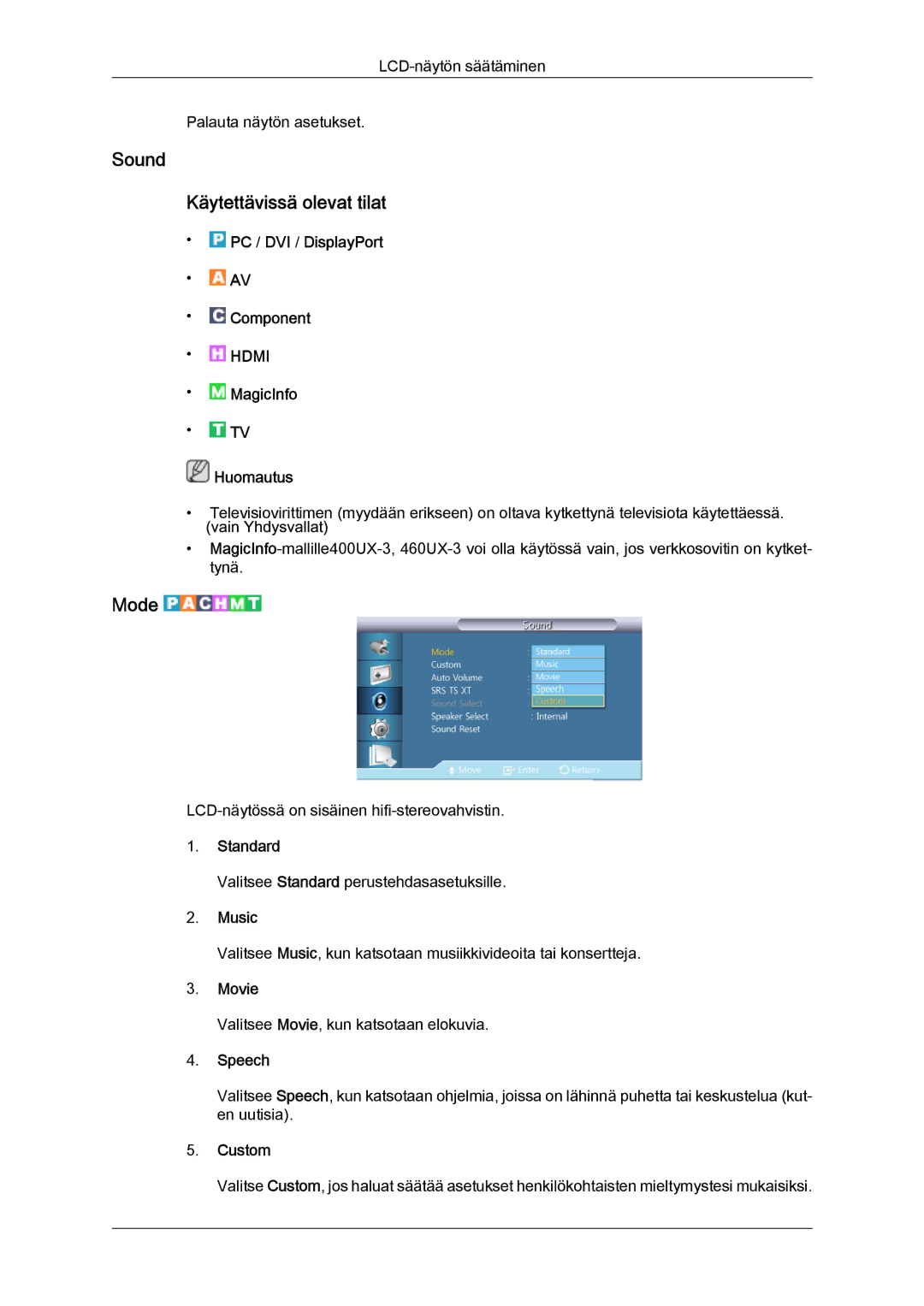 Samsung LH40GWPLBC/EN, LH40GWTLBC/EN, LH40GWSLBC/EN, LH46GWPLBC/EN manual Sound Käytettävissä olevat tilat, Music, Speech 