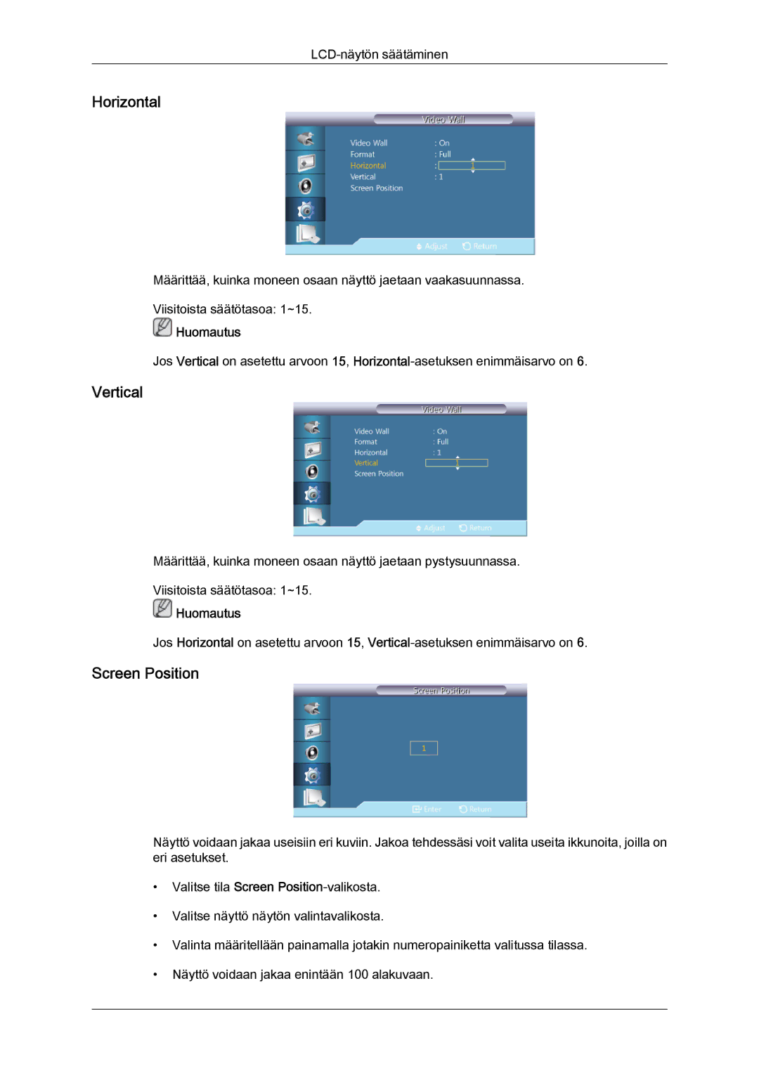 Samsung LH46GWSLBC/EN, LH40GWTLBC/EN, LH40GWSLBC/EN, LH46GWPLBC/EN, LH40GWPLBC/EN manual Horizontal, Vertical, Screen Position 