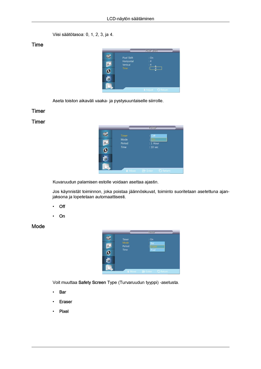 Samsung LH40GWSLBC/EN, LH40GWTLBC/EN, LH46GWPLBC/EN, LH40GWPLBC/EN, LH46GWTLBC/EN, LH46GWSLBC/EN manual Timer, Bar Eraser Pixel 