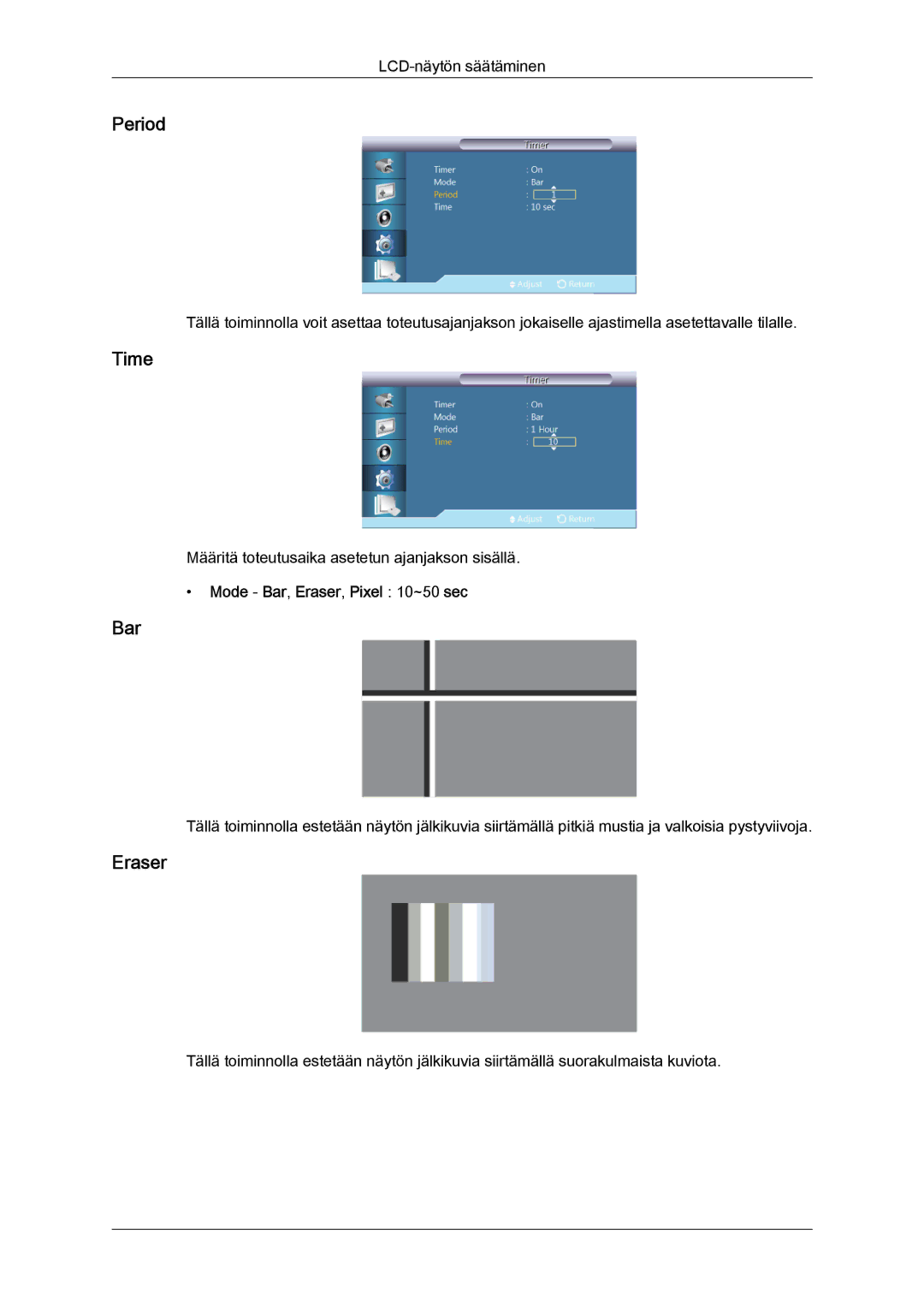 Samsung LH46GWPLBC/EN, LH40GWTLBC/EN, LH40GWSLBC/EN, LH40GWPLBC/EN manual Period, Mode Bar, Eraser, Pixel 10~50 sec 