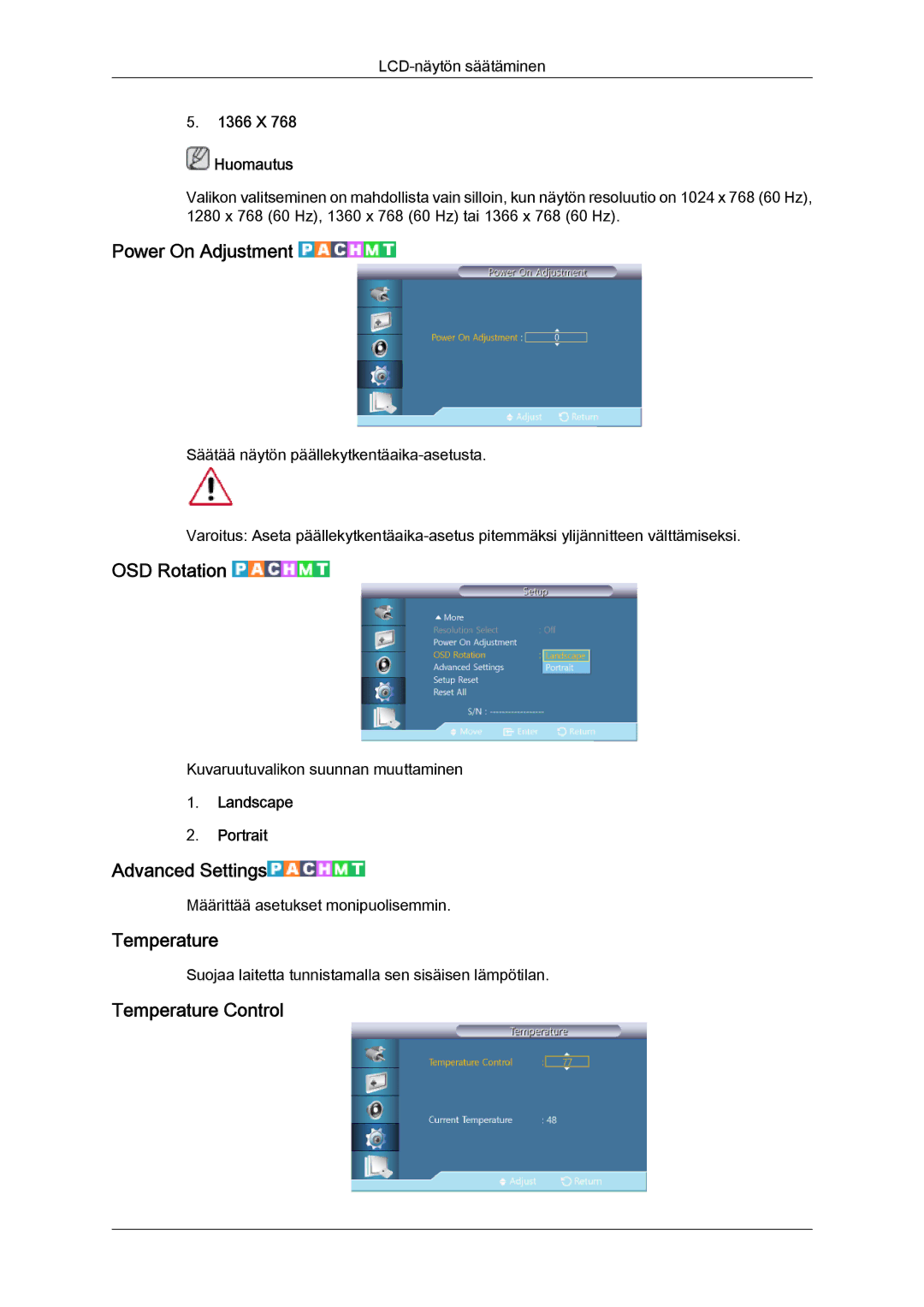 Samsung LH46GWTLBC/EN, LH40GWTLBC/EN manual Power On Adjustment, OSD Rotation, Advanced Settings, Temperature Control 