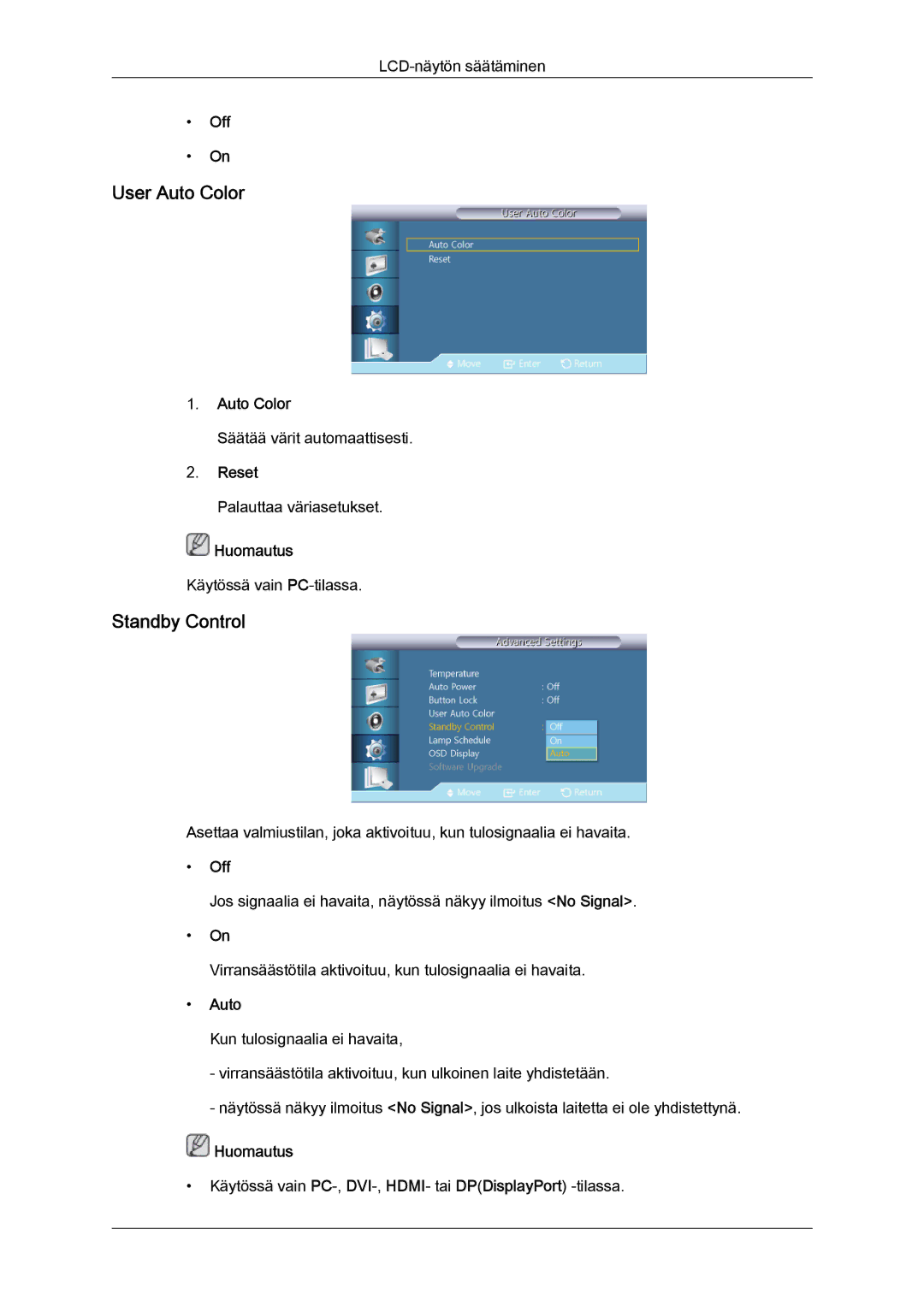 Samsung LH40GWTLBC/EN, LH40GWSLBC/EN, LH46GWPLBC/EN, LH40GWPLBC/EN, LH46GWTLBC/EN User Auto Color, Standby Control, Reset 