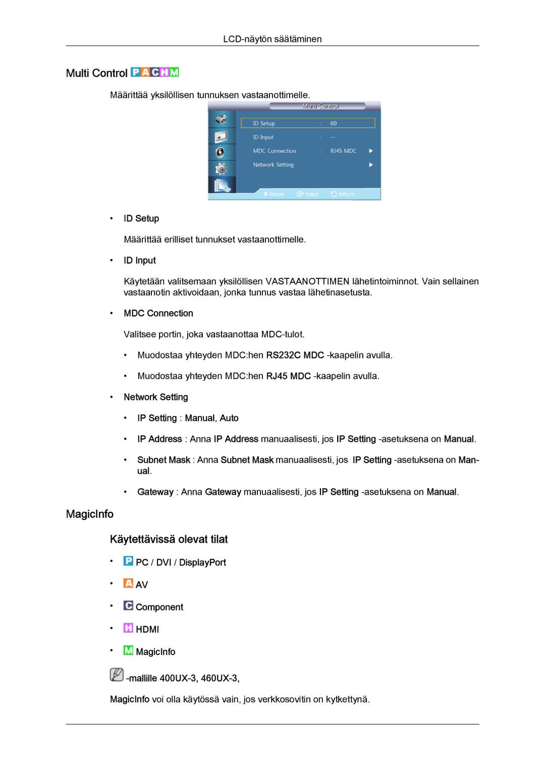 Samsung LH46GWTLBC/EN, LH40GWTLBC/EN, LH40GWSLBC/EN, LH46GWPLBC/EN manual Multi Control, MagicInfo Käytettävissä olevat tilat 