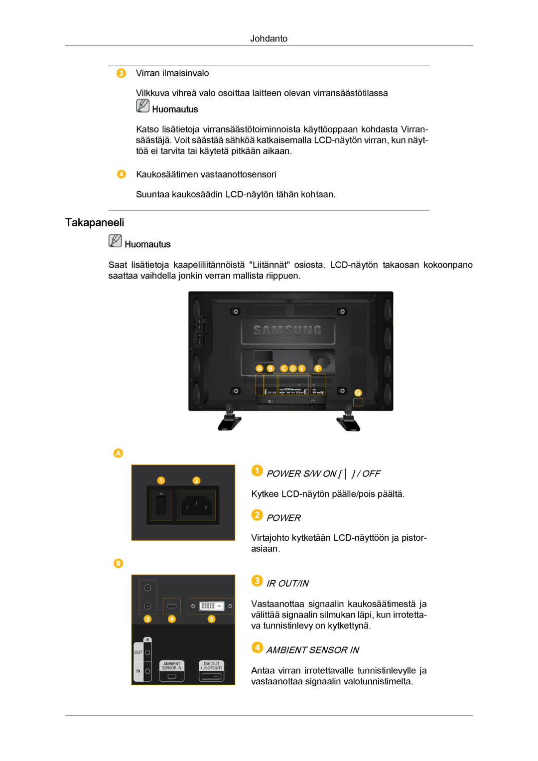 Samsung LH40GWSLBC/EN, LH40GWTLBC/EN, LH46GWPLBC/EN, LH40GWPLBC/EN, LH46GWTLBC/EN, LH46GWSLBC/EN manual Takapaneeli, Ir Out/In 