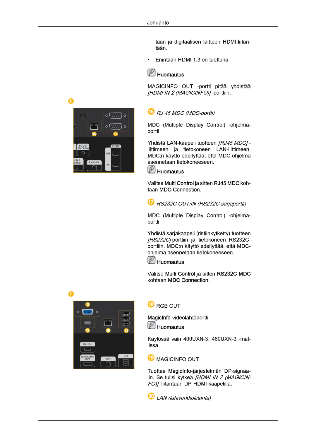 Samsung LH46GWTLBC/EN, LH40GWTLBC/EN, LH40GWSLBC/EN, LH46GWPLBC/EN, LH40GWPLBC/EN, LH46GWSLBC/EN manual RJ 45 MDC MDC-portti 