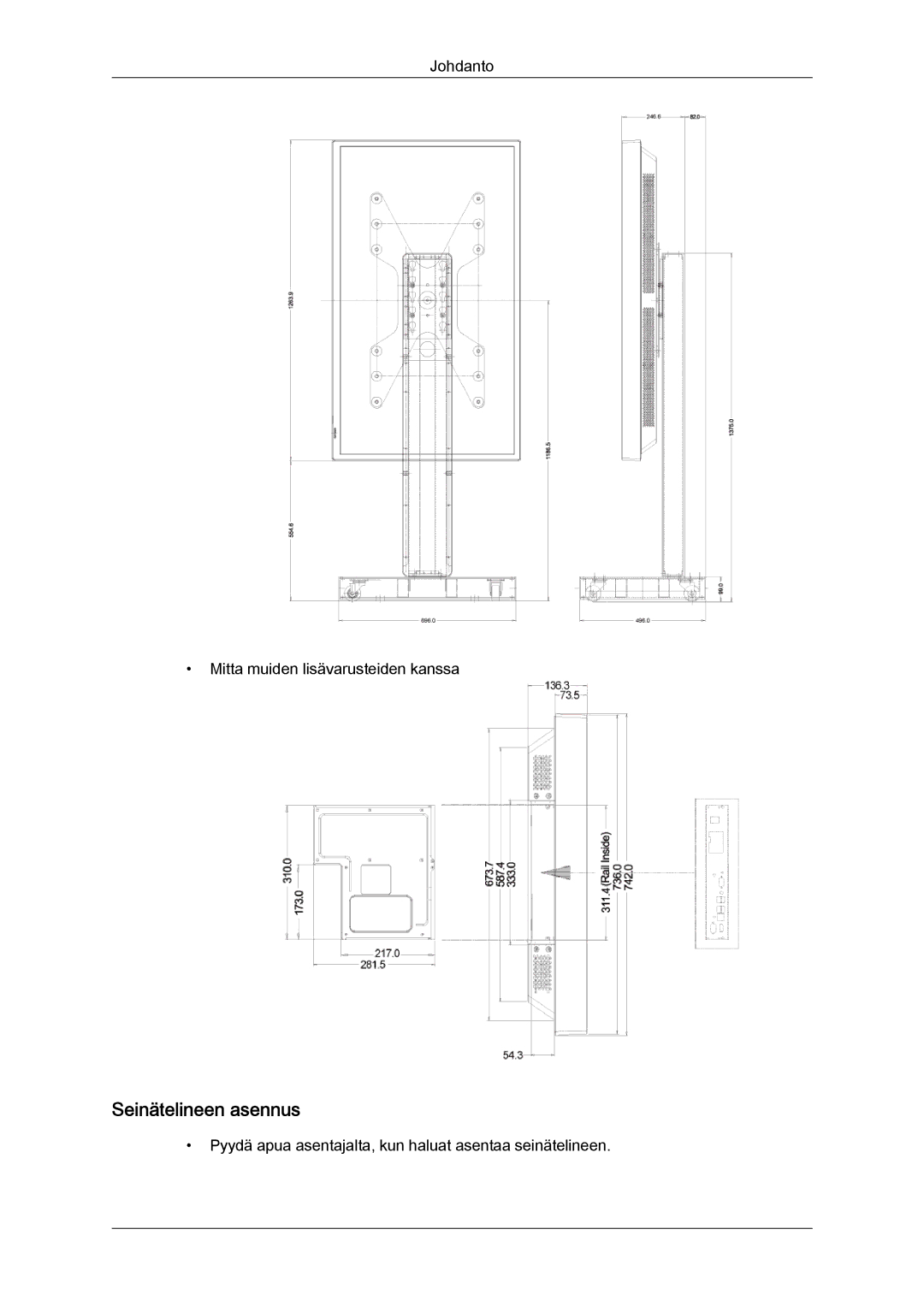 Samsung LH40GWPLBC/EN, LH40GWTLBC/EN, LH40GWSLBC/EN, LH46GWPLBC/EN, LH46GWTLBC/EN, LH46GWSLBC/EN manual Seinätelineen asennus 