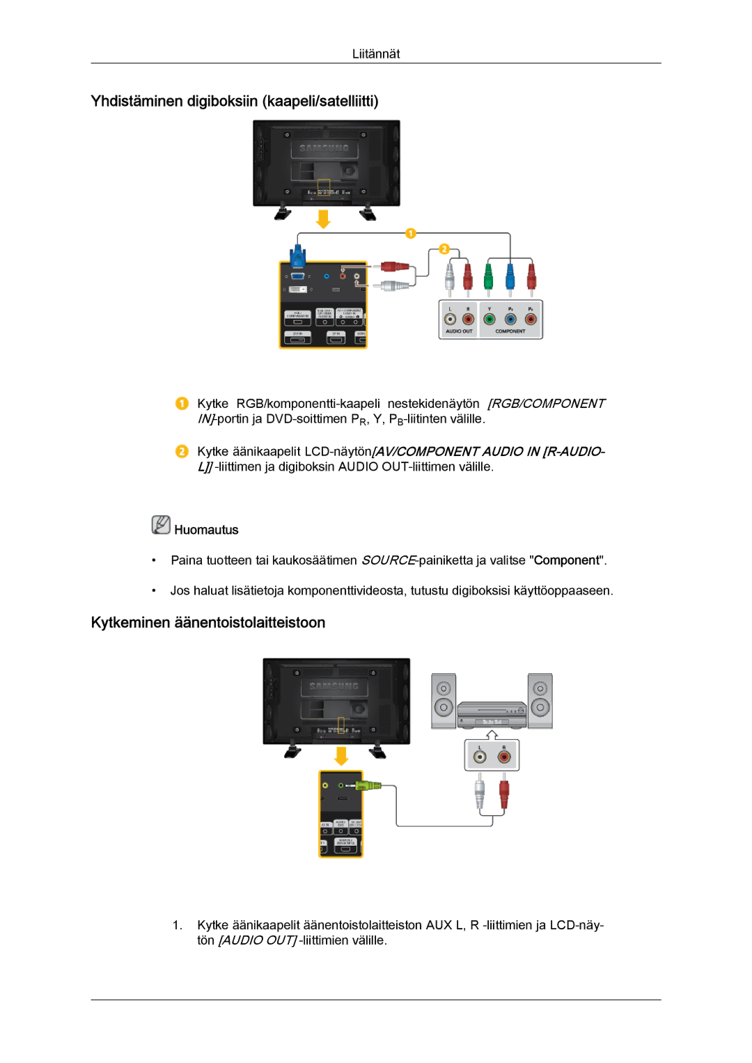 Samsung LH46GWTLBC/EN, LH40GWTLBC/EN manual Yhdistäminen digiboksiin kaapeli/satelliitti, Kytkeminen äänentoistolaitteistoon 