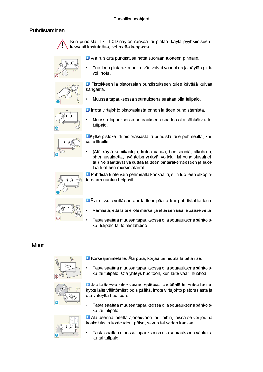 Samsung LH46GWSLBC/EN, LH40GWTLBC/EN, LH40GWSLBC/EN, LH46GWPLBC/EN, LH40GWPLBC/EN, LH46GWTLBC/EN manual Puhdistaminen, Muut 