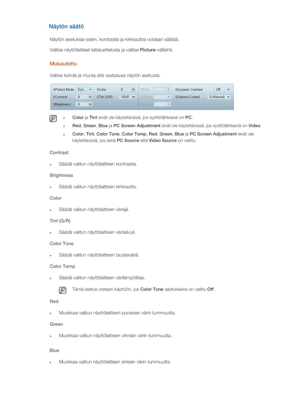 Samsung LH40GWPLBC/EN, LH40GWTLBC/EN, LH40GWSLBC/EN, LH46GWPLBC/EN, LH46GWTLBC/EN, LH46GWSLBC/EN manual Näytön säätö, Mukautettu 