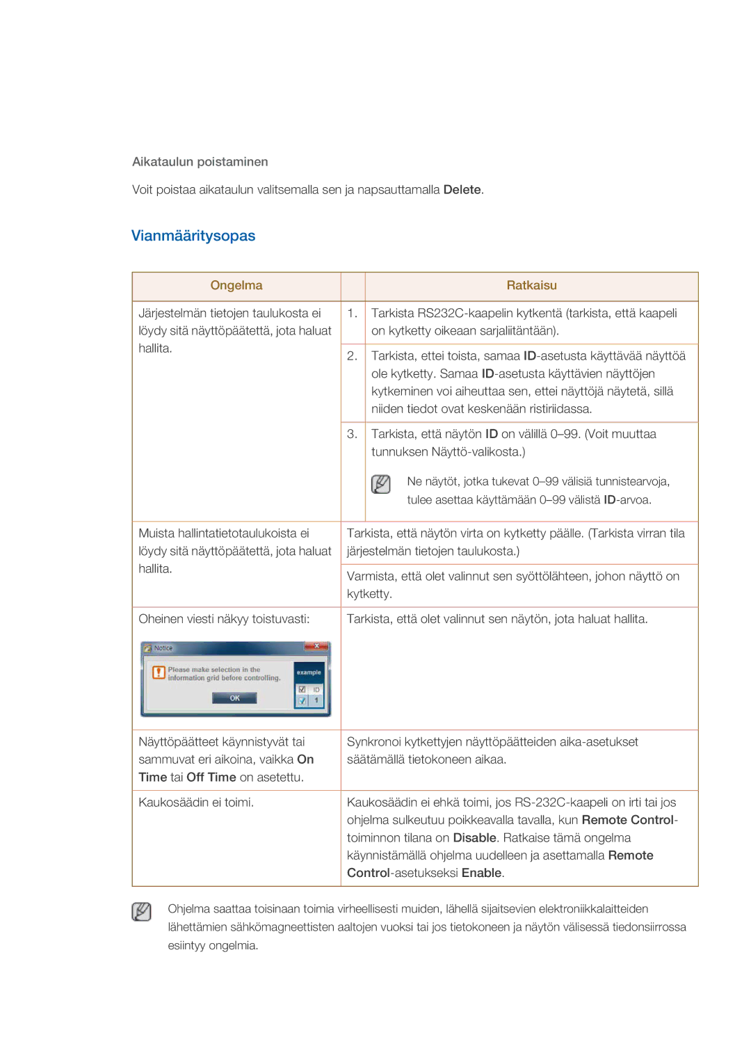 Samsung LH46GWPLBC/EN, LH40GWTLBC/EN, LH40GWSLBC/EN, LH40GWPLBC/EN, LH46GWTLBC/EN Vianmääritysopas, Aikataulun poistaminen 