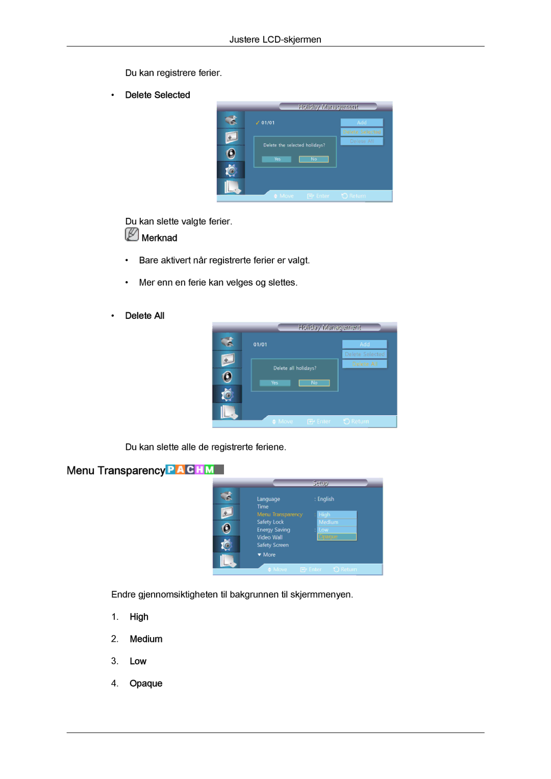 Samsung LH40GWSLBC/EN, LH40GWTLBC/EN, LH46GWPLBC/EN, LH40GWPLBC/EN manual Menu Transparency, Delete Selected, Delete All 