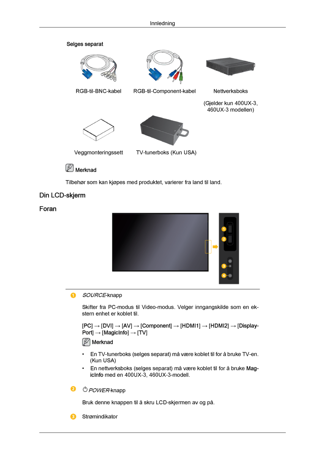 Samsung LH46GWSLBC/EN, LH40GWTLBC/EN, LH40GWSLBC/EN, LH46GWPLBC/EN, LH40GWPLBC/EN manual Din LCD-skjerm Foran, SOURCE-knapp 