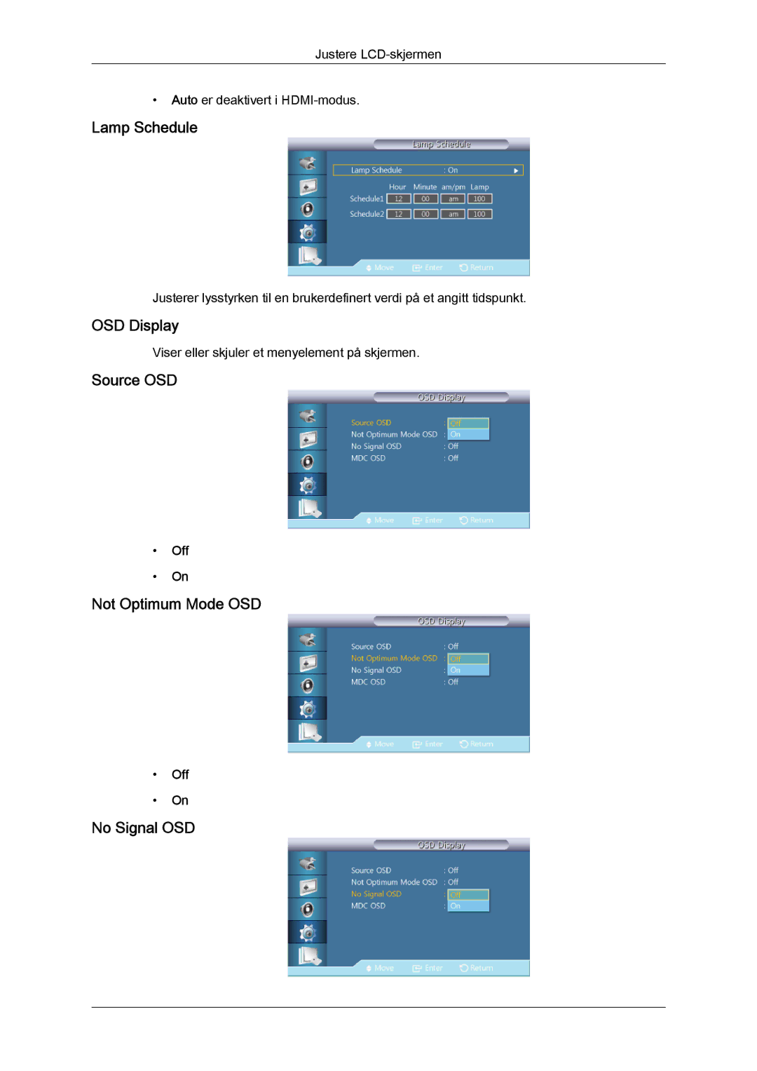 Samsung LH40GWTLBC/EN, LH40GWSLBC/EN manual Lamp Schedule, OSD Display, Source OSD, Not Optimum Mode OSD, No Signal OSD 