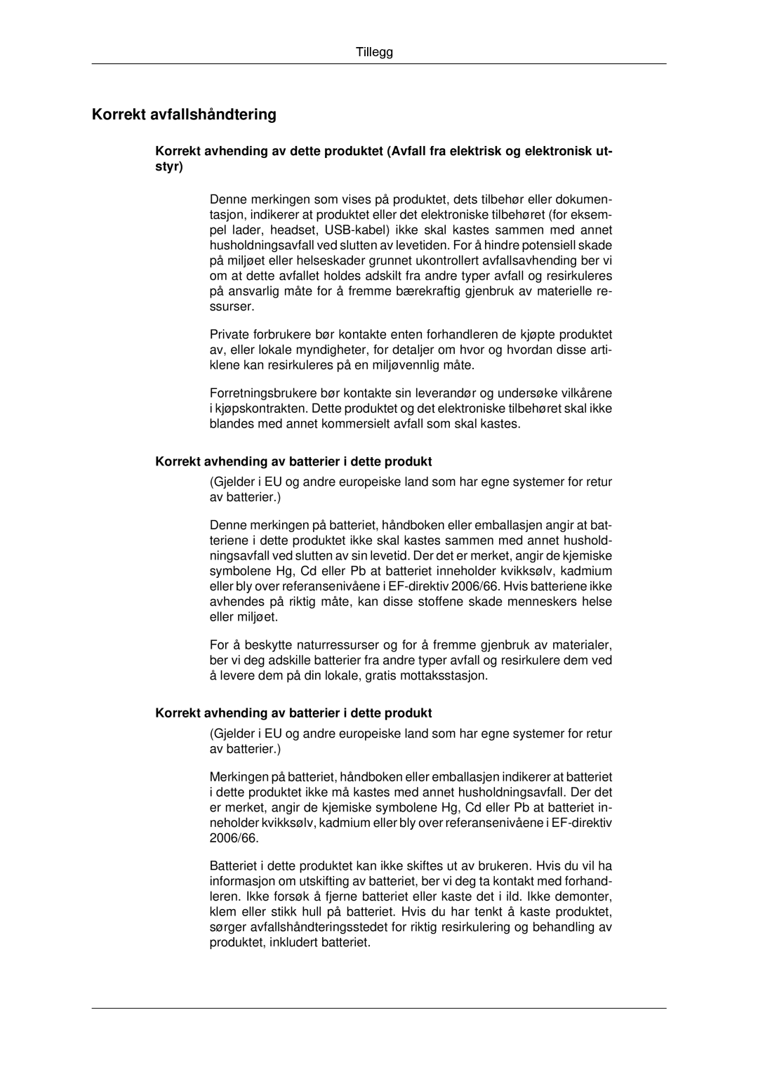 Samsung LH46GWPLBC/EN, LH40GWTLBC/EN manual Korrekt avfallshåndtering, Korrekt avhending av batterier i dette produkt 