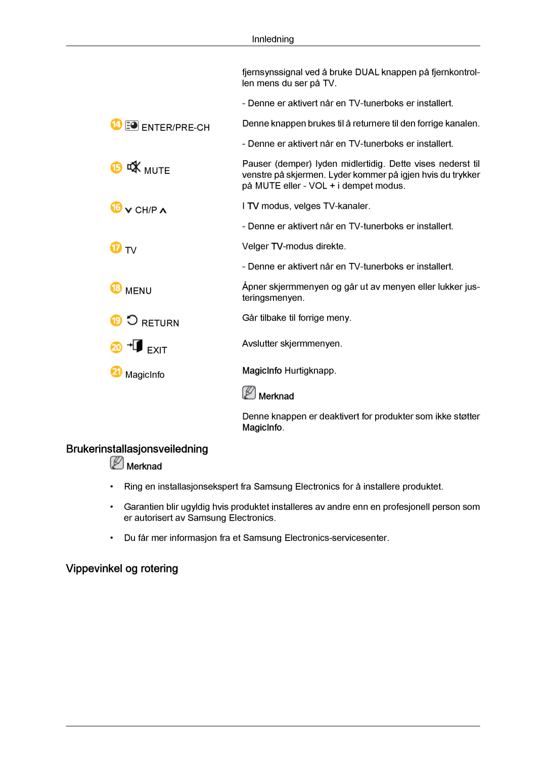 Samsung LH40GWSLBC/EN, LH40GWTLBC/EN, LH46GWPLBC/EN manual Brukerinstallasjonsveiledning, Vippevinkel og rotering, MagicInfo 