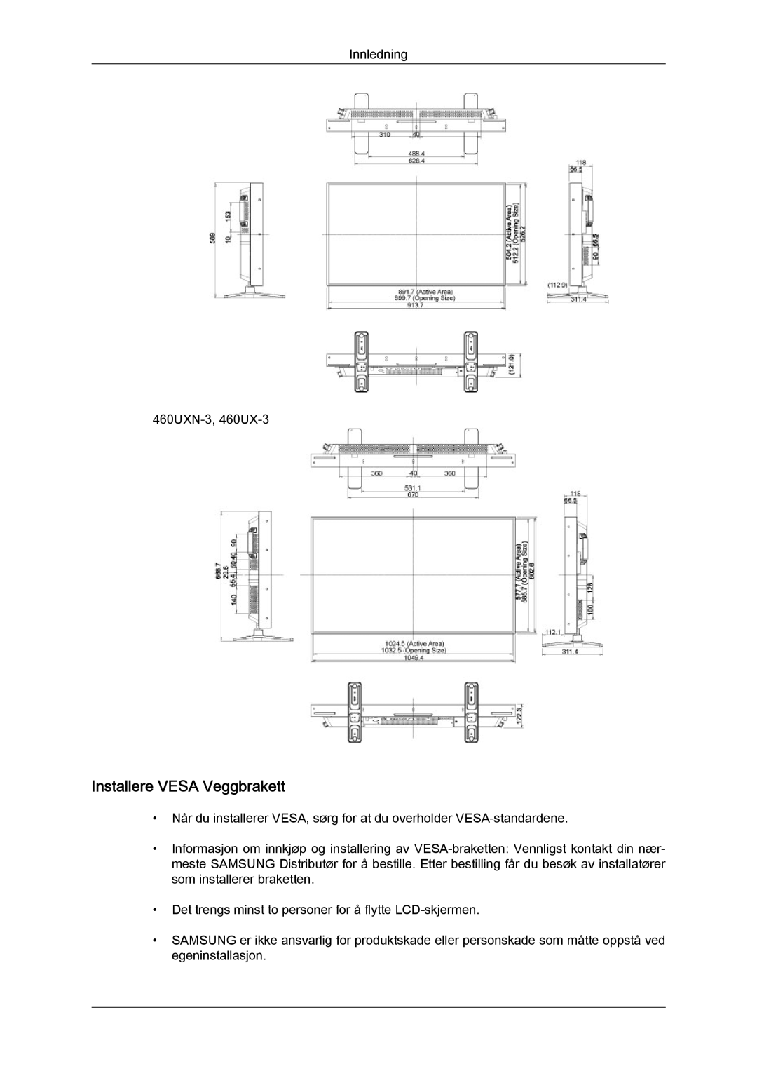 Samsung LH46GWTLBC/EN, LH40GWTLBC/EN, LH40GWSLBC/EN, LH46GWPLBC/EN, LH40GWPLBC/EN, LH46GWSLBC/EN Installere Vesa Veggbrakett 