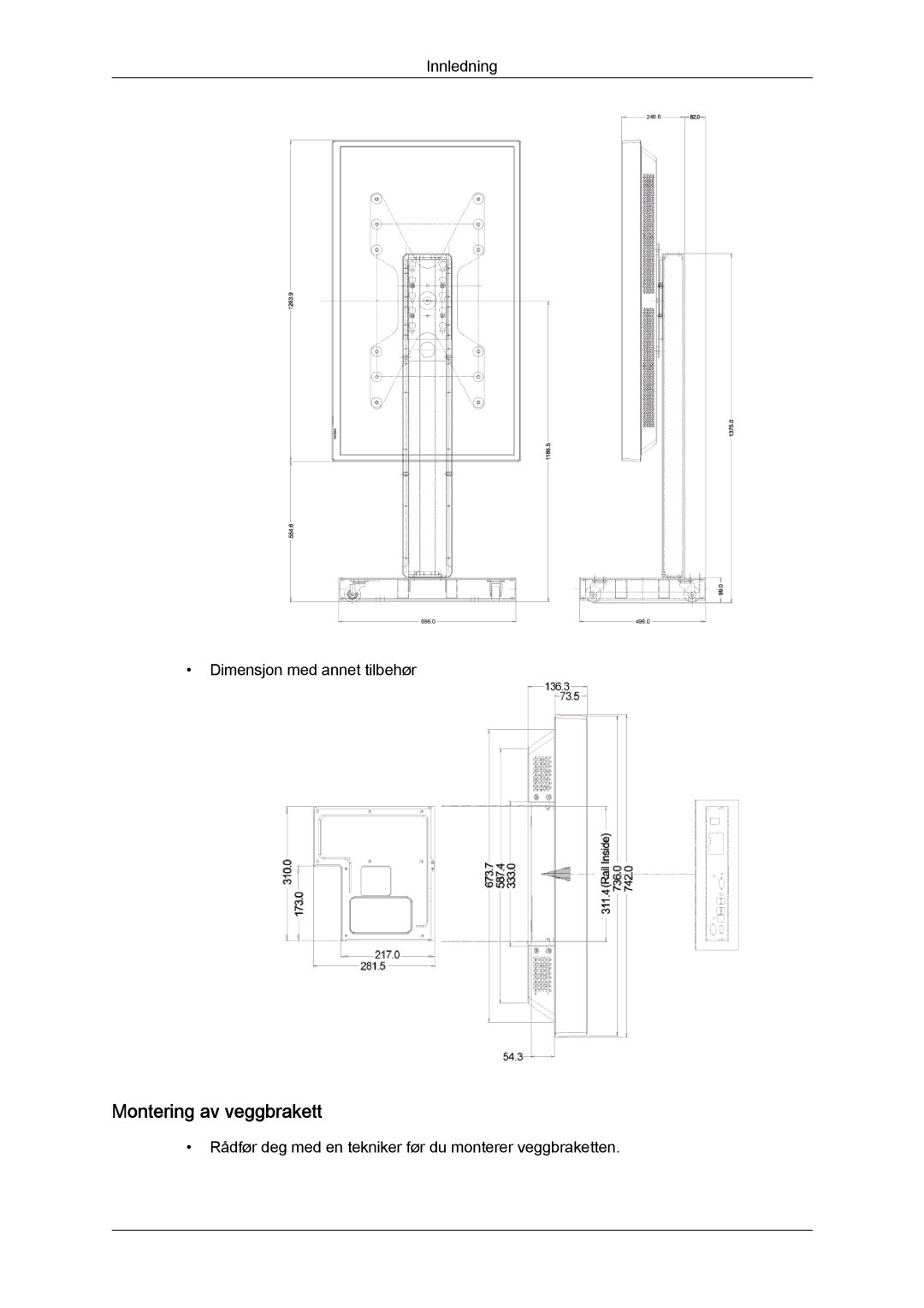 Samsung LH46GWPLBC/EN, LH40GWTLBC/EN, LH40GWSLBC/EN, LH40GWPLBC/EN, LH46GWTLBC/EN, LH46GWSLBC/EN manual Montering av veggbrakett 