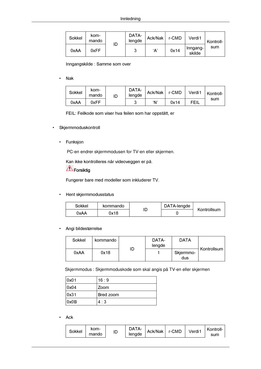 Samsung LH46GWTLBC/EN, LH40GWTLBC/EN, LH40GWSLBC/EN, LH46GWPLBC/EN manual Ack/Nak CMD Verdi1 Kontroll Mando Lengde Sum 