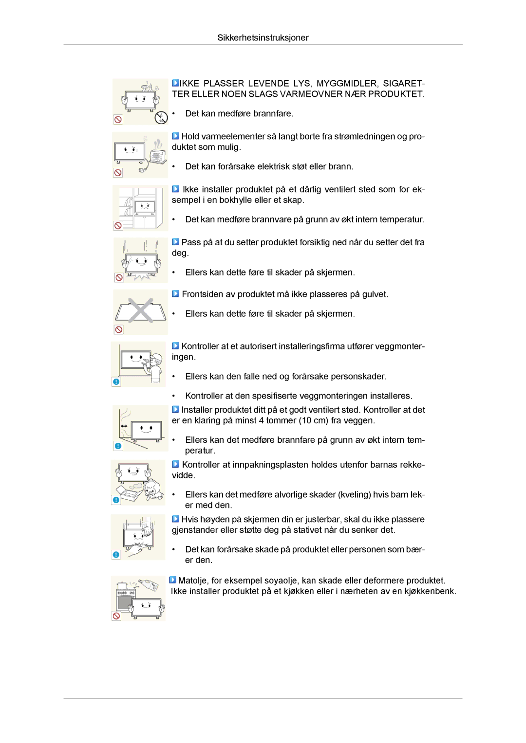 Samsung LH46GWTLBC/EN, LH40GWTLBC/EN, LH40GWSLBC/EN, LH46GWPLBC/EN, LH40GWPLBC/EN, LH46GWSLBC/EN manual Sikkerhetsinstruksjoner 