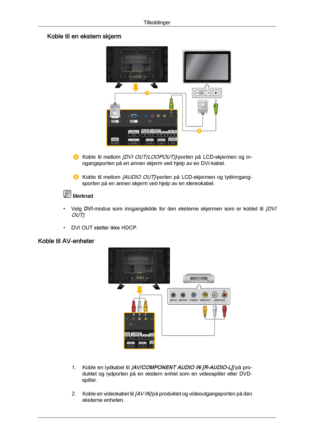 Samsung LH46GWSLBC/EN, LH40GWTLBC/EN, LH40GWSLBC/EN, LH46GWPLBC/EN manual Koble til en ekstern skjerm, Koble til AV-enheter 