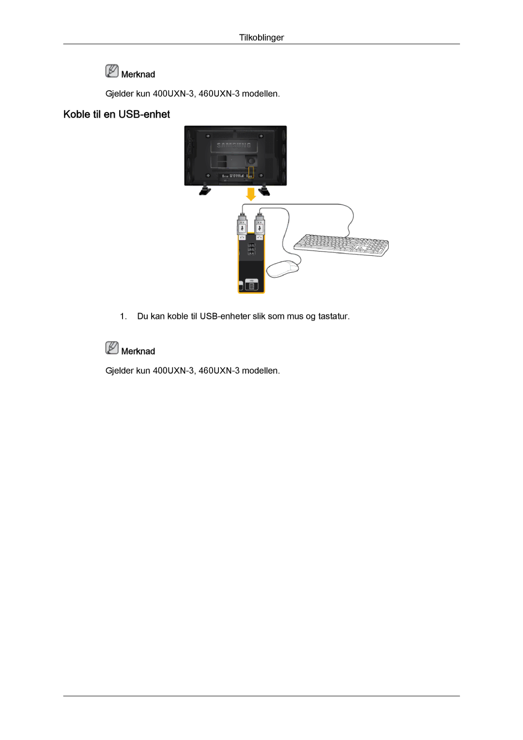 Samsung LH46GWTLBC/EN, LH40GWTLBC/EN, LH40GWSLBC/EN, LH46GWPLBC/EN, LH40GWPLBC/EN, LH46GWSLBC/EN manual Koble til en USB-enhet 