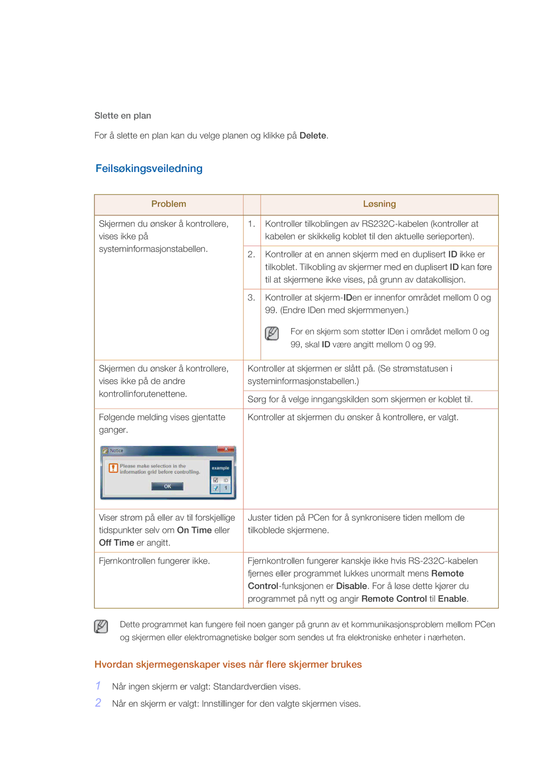 Samsung LH40GWSLBC/EN Feilsøkingsveiledning, Hvordan skjermegenskaper vises når flere skjermer brukes, Slette en plan 