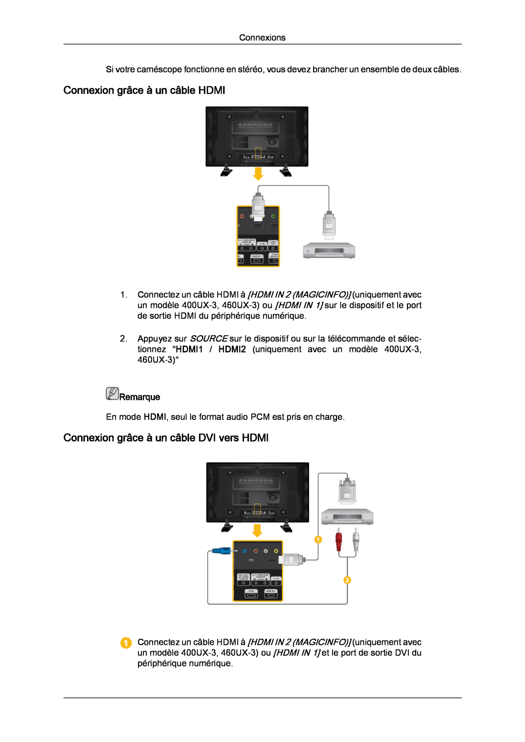 Samsung LH40GWTLBC/EN, LH40GWSLBC/EN Connexion grâce à un câble HDMI, Connexion grâce à un câble DVI vers HDMI, Remarque 