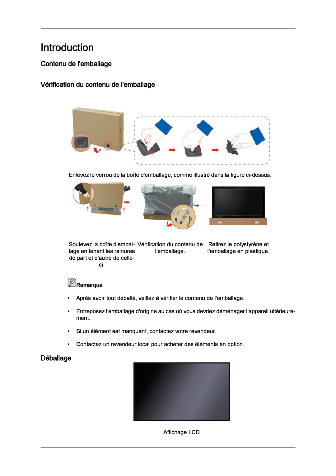 Samsung LH46GWPLBC/EN manual Introduction, Contenu de lemballage Vérification du contenu de lemballage, Déballage, Remarque 