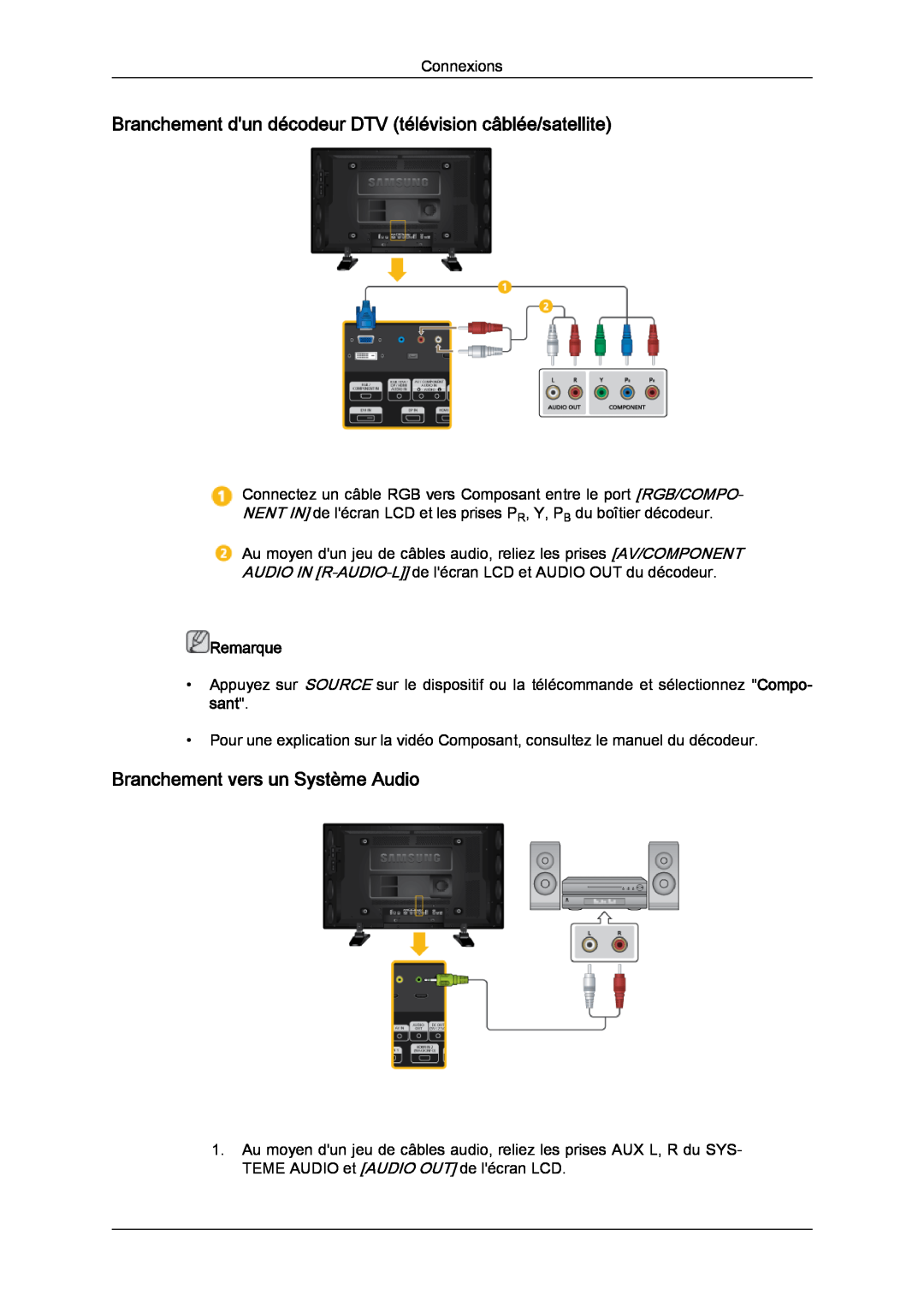 Samsung LH46GWPLBC/EN manual Branchement dun décodeur DTV télévision câblée/satellite, Branchement vers un Système Audio 