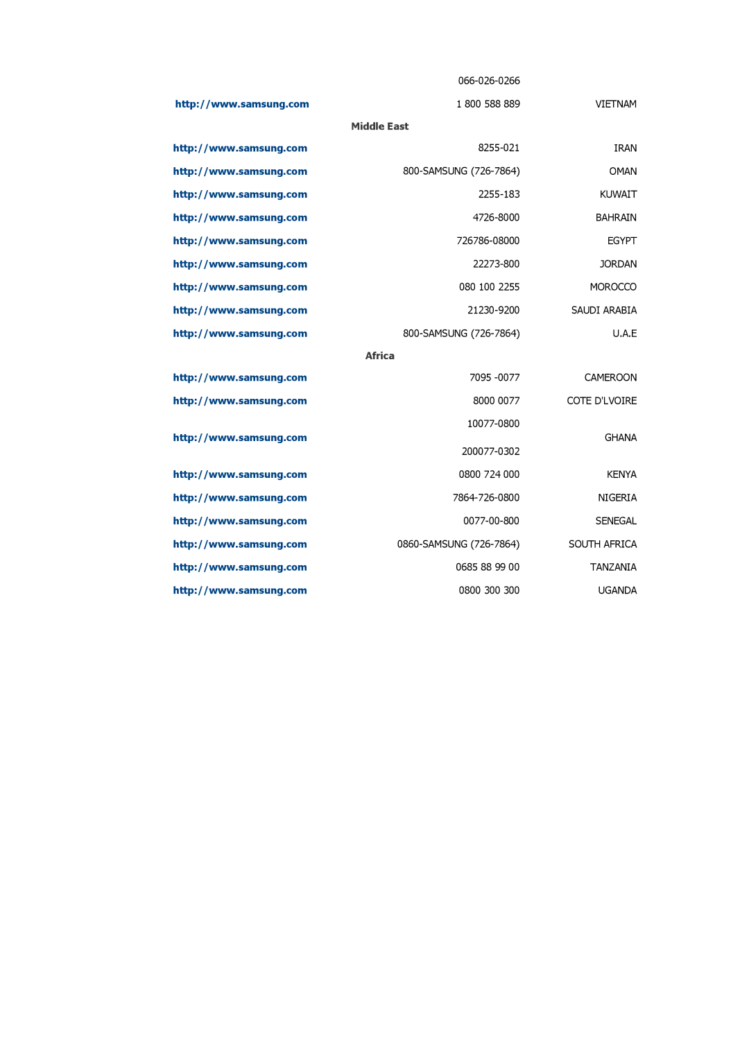 Samsung LH40GWTLBC/XY, LH40GWTLBC/EN, LH46GWPLBC/EN, LH40GWPLBC/EN, LH46GWTLBC/EN, LH46GWSLBC/EN, LH40GWPLBC/XY manual Africa 