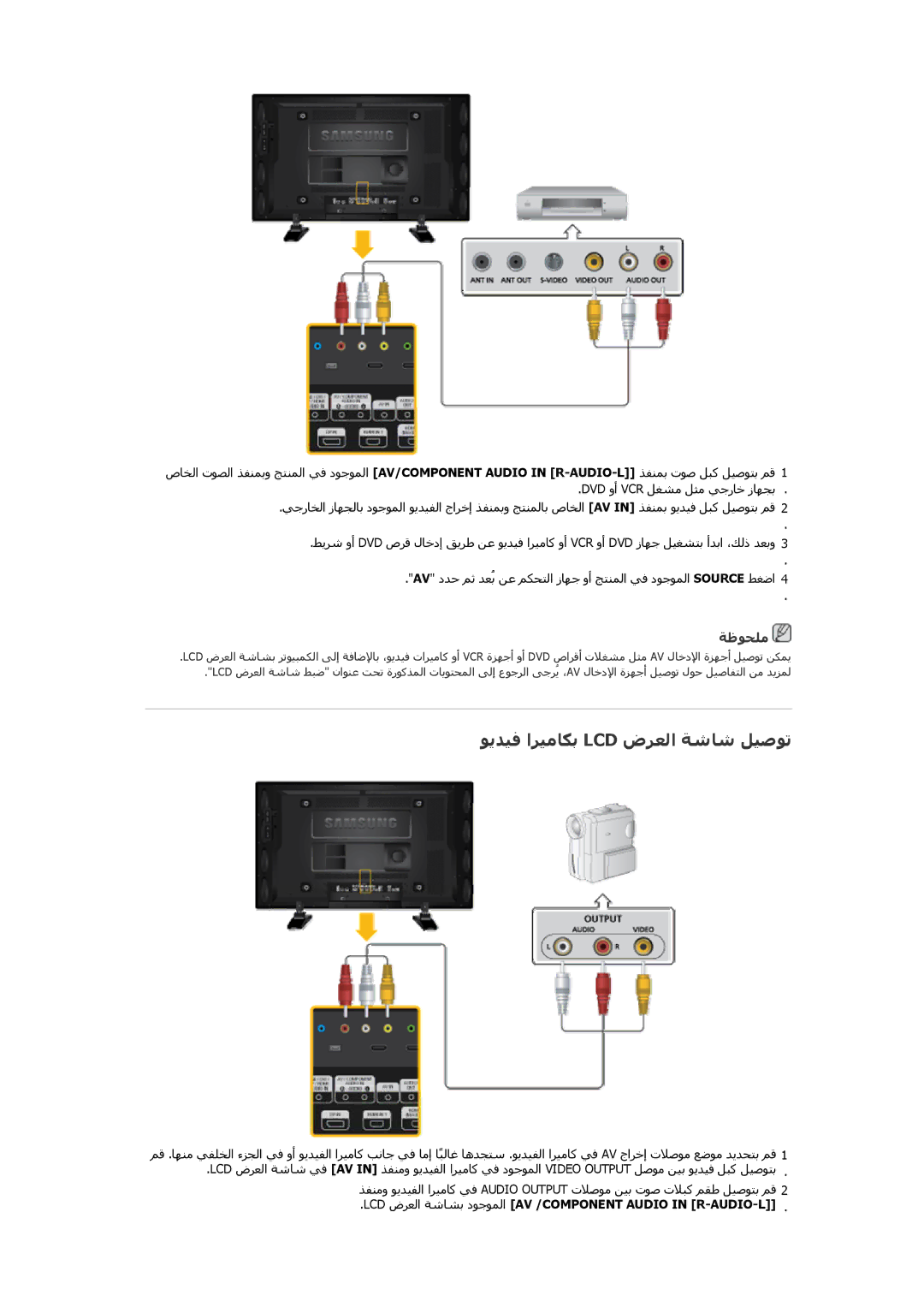 Samsung LH46GWSLBC/XY manual ﻮﻳﺪﻴﻓ اﺮﻴﻣﺎﻜﺑ Lcd ضﺮﻌﻟا ﺔﺷﺎﺷ ﻞﻴﺻﻮﺗ, LCD ضﺭﻉﻟا ﺔﺷﺎﺸﺑ دﻮﺟﻮﻤﻟا AV /COMPONENT Audio in R-AUDIO-L 