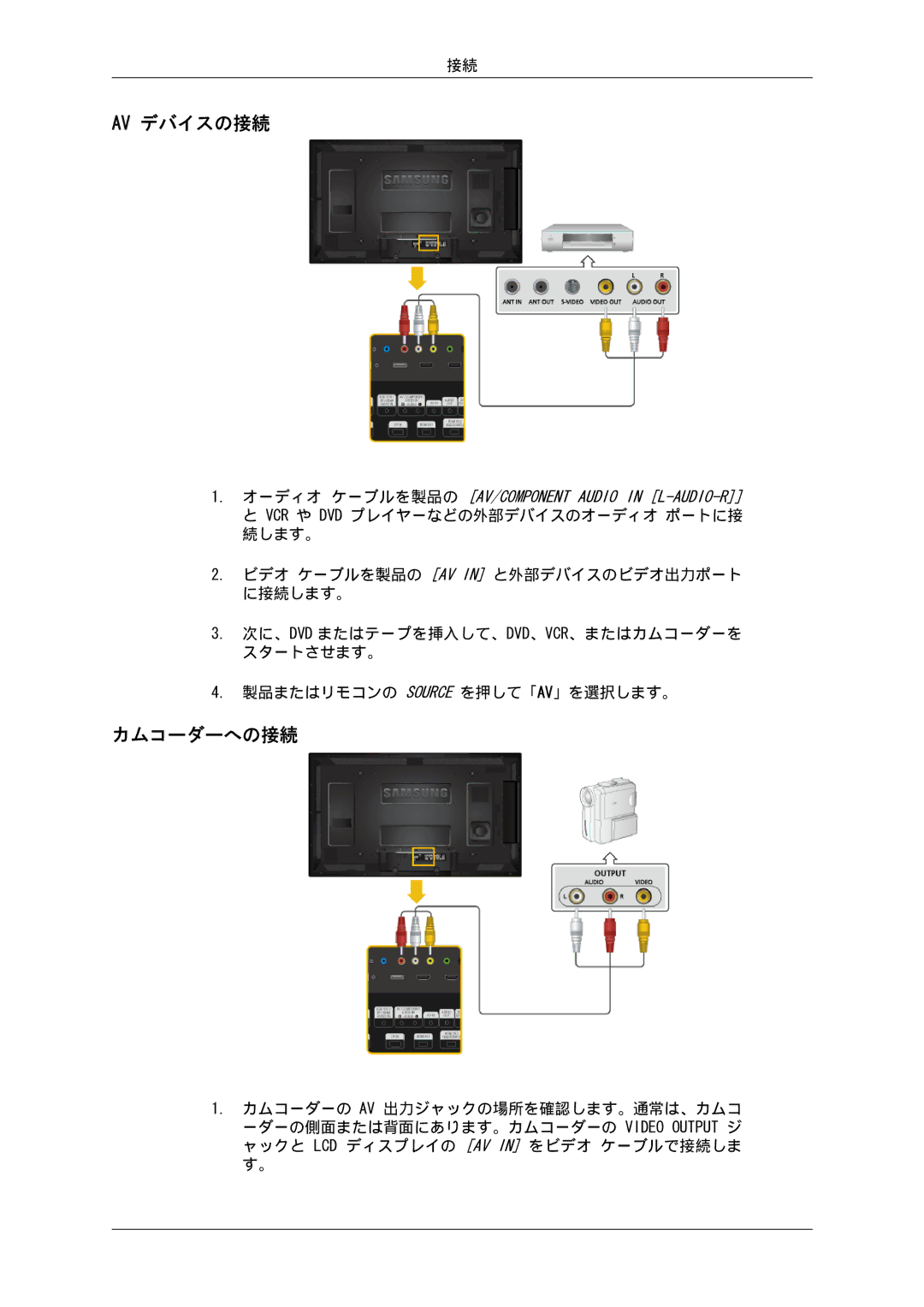 Samsung LH40HBPLBC/XJ, LH46HBPLBC/XJ manual Av デバイスの接続, カムコーダーへの接続 