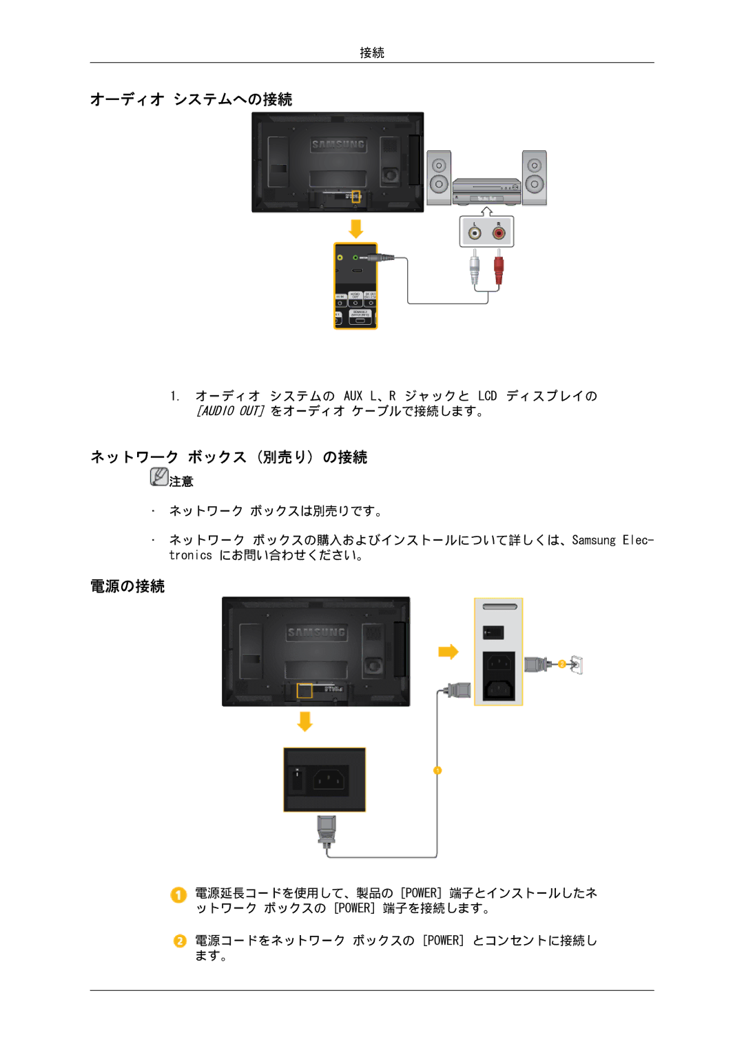 Samsung LH40HBPLBC/XJ, LH46HBPLBC/XJ manual オーディオ システムへの接続, ネットワーク ボックス 別売り の接続, 電源の接続 