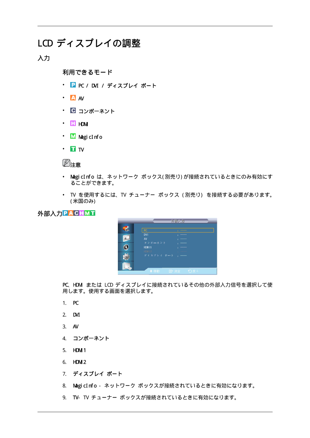 Samsung LH46HBPLBC/XJ, LH40HBPLBC/XJ manual Lcd ディスプレイの調整, 外部入力 