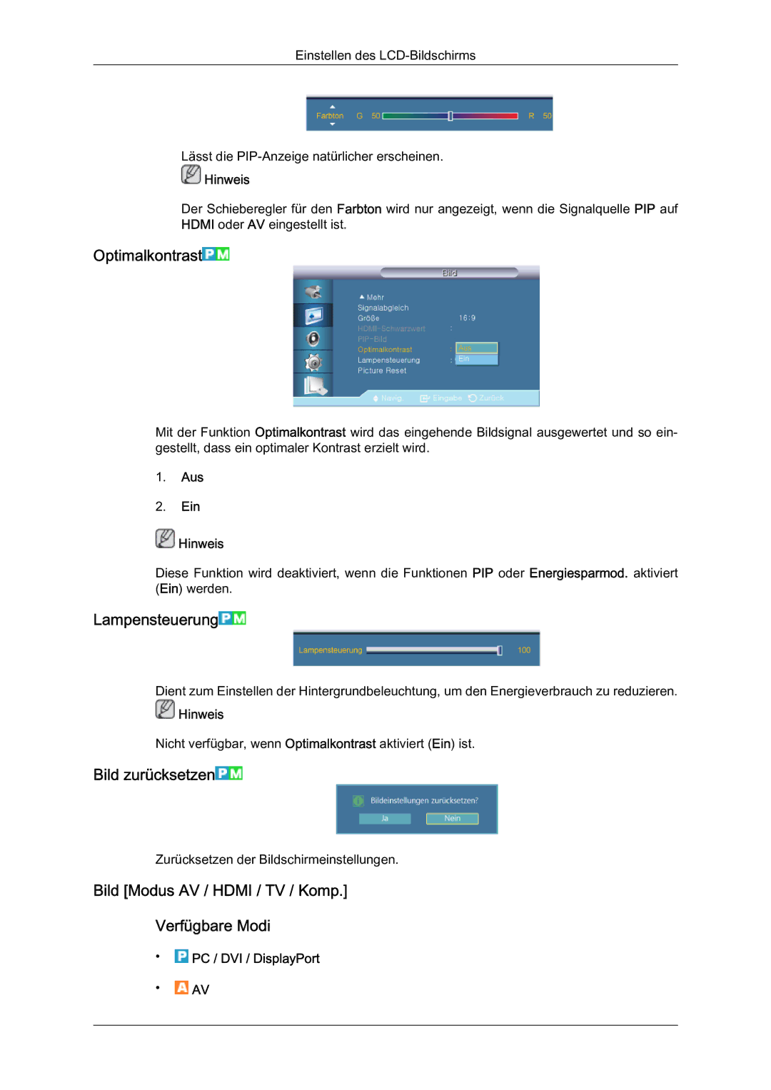 Samsung LH40HBPMBC/EN, LH46HBPMBC/EN, LH46HBPLBC/EN, LH40HBPLBC/EN manual Optimalkontrast, Lampensteuerung, Bild zurücksetzen 