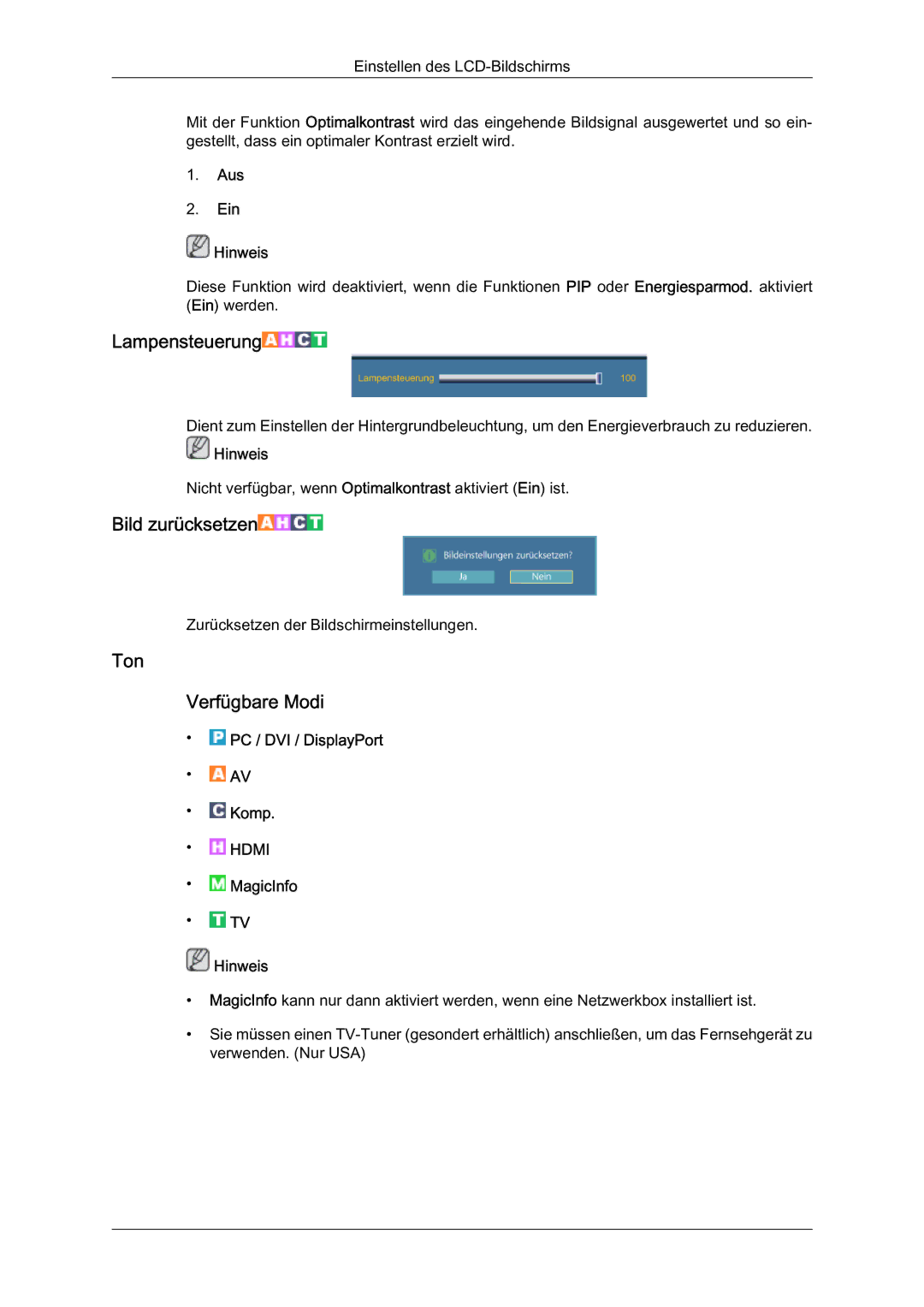 Samsung LH46HBPLBC/EN, LH40HBPMBC/EN, LH46HBPMBC/EN, LH40HBPLBC/EN manual Lampensteuerung, Ton Verfügbare Modi 