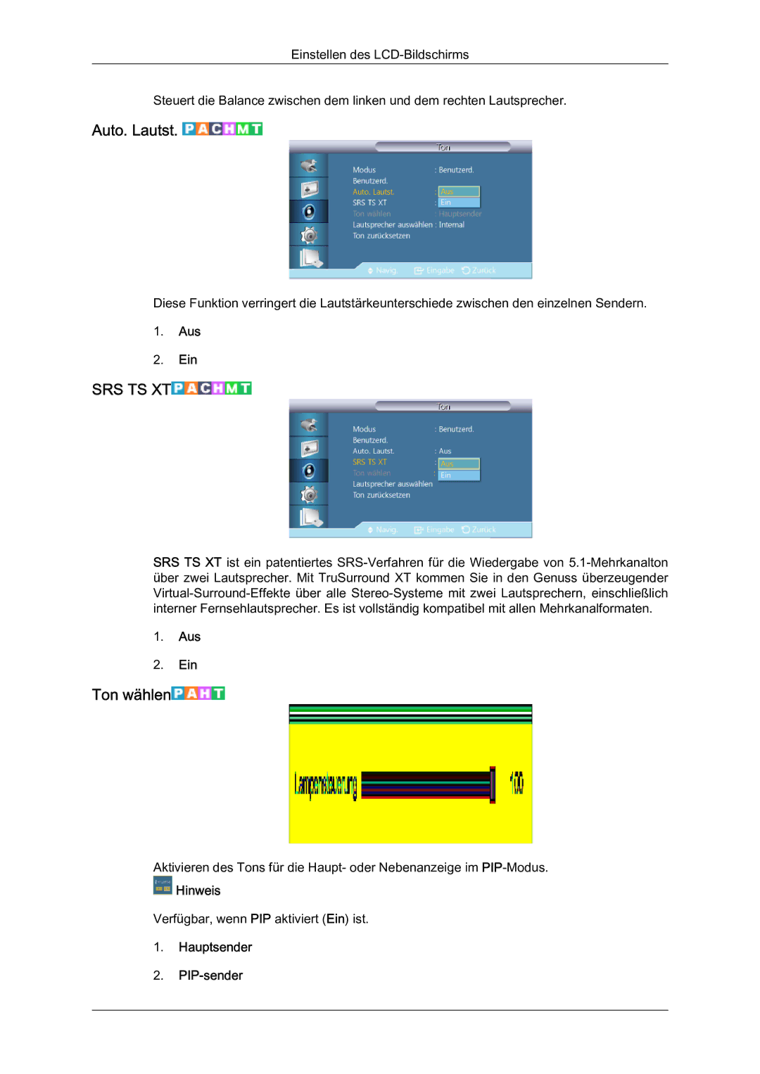 Samsung LH40HBPMBC/EN, LH46HBPMBC/EN, LH46HBPLBC/EN, LH40HBPLBC/EN manual Auto. Lautst, Ton wählen, Hauptsender PIP-sender 