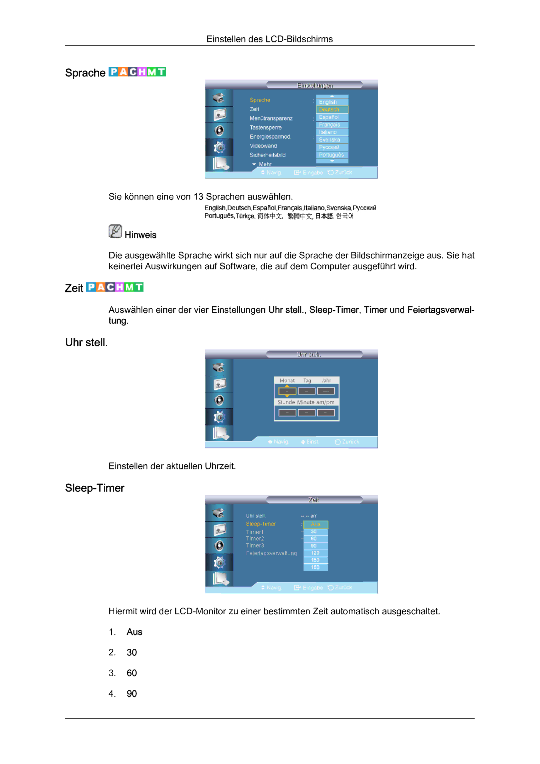 Samsung LH46HBPLBC/EN, LH40HBPMBC/EN, LH46HBPMBC/EN, LH40HBPLBC/EN manual Sprache, Zeit, Uhr stell, Sleep-Timer, Aus 