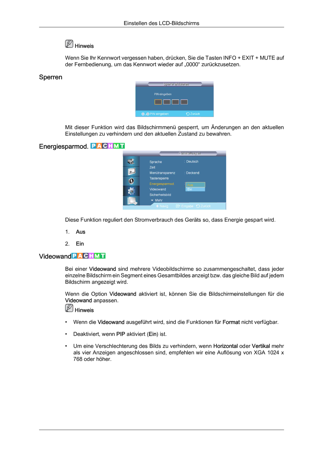 Samsung LH46HBPMBC/EN, LH40HBPMBC/EN, LH46HBPLBC/EN, LH40HBPLBC/EN manual Sperren, Energiesparmod, Videowand 