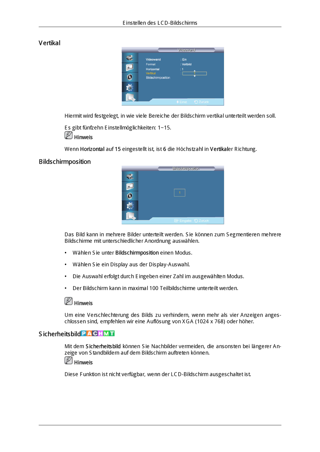 Samsung LH40HBPLBC/EN, LH40HBPMBC/EN, LH46HBPMBC/EN, LH46HBPLBC/EN manual Vertikal, Bildschirmposition, Sicherheitsbild 